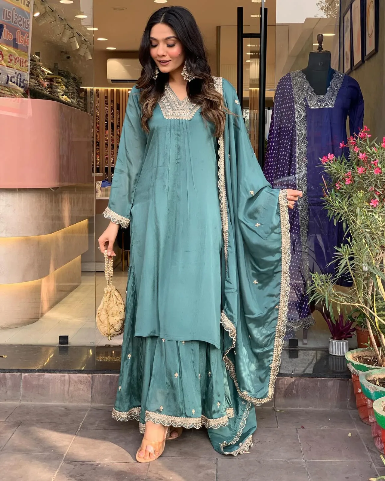 Chinon Embroidery Kurta Set With Dupatta - Default