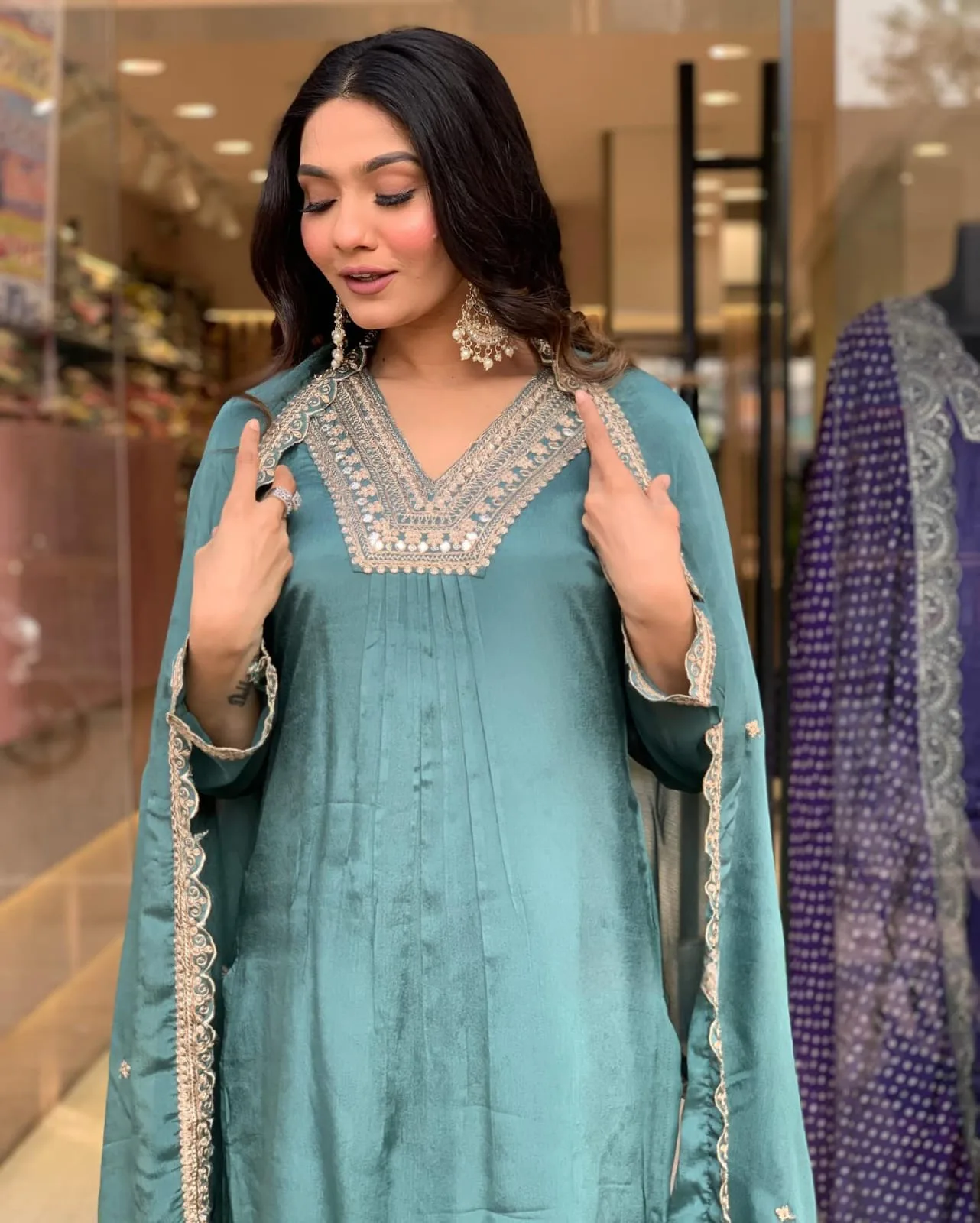 Chinon Embroidery Kurta Set With Dupatta - Default
