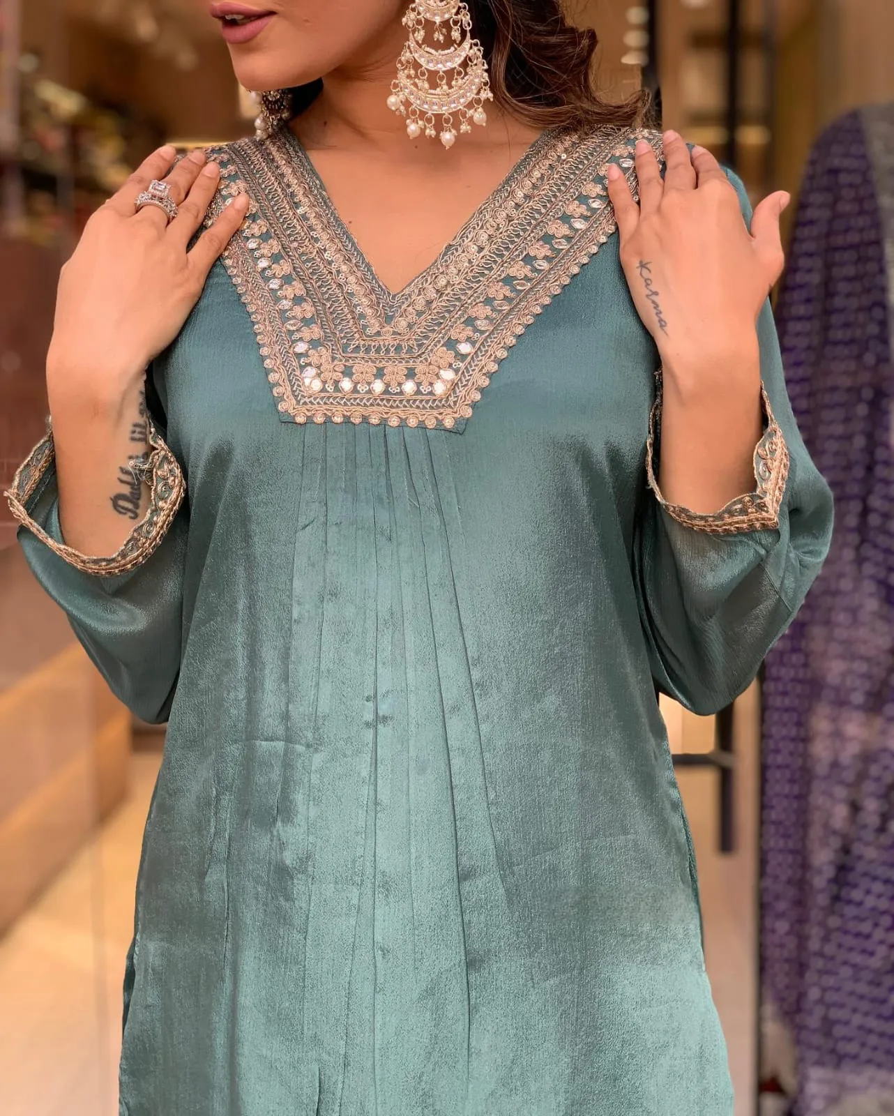 Chinon Embroidery Kurta Set With Dupatta - Default