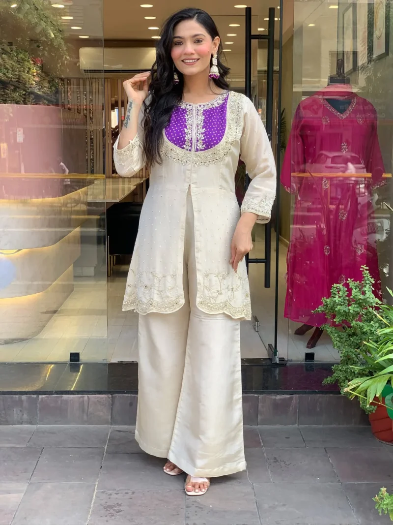 Roman-silk Coding Sequence Embroidered Kurta Set - Blue