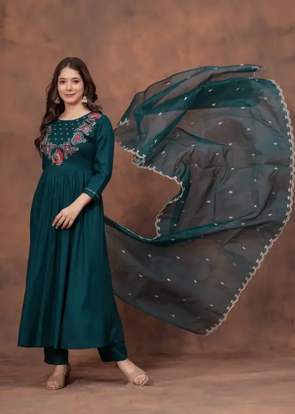Silk(rayon) Embroidery Kurta Set With Dupatta - Default