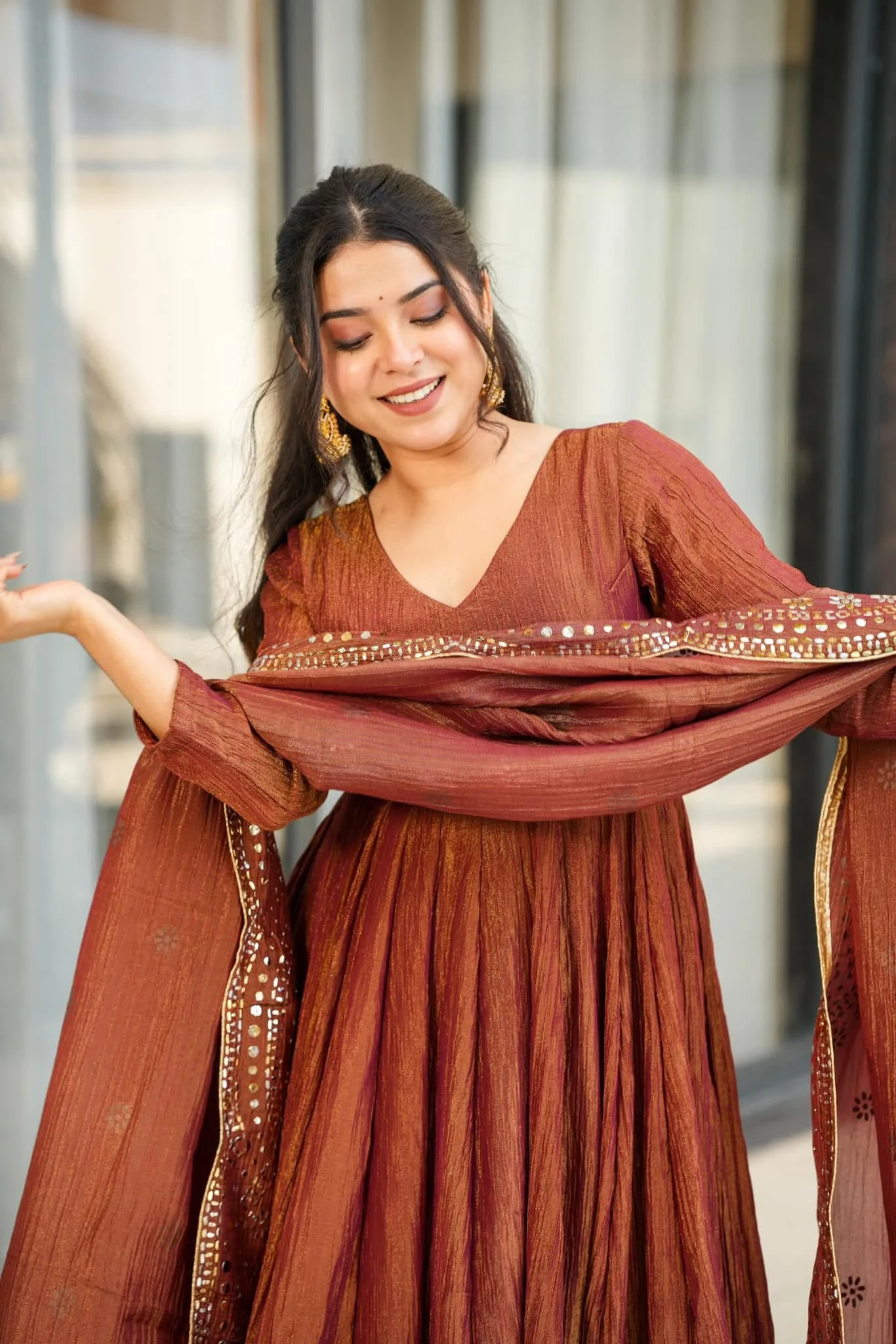 Chinon Embroidery Kurta Set With Dupatta - Maroon