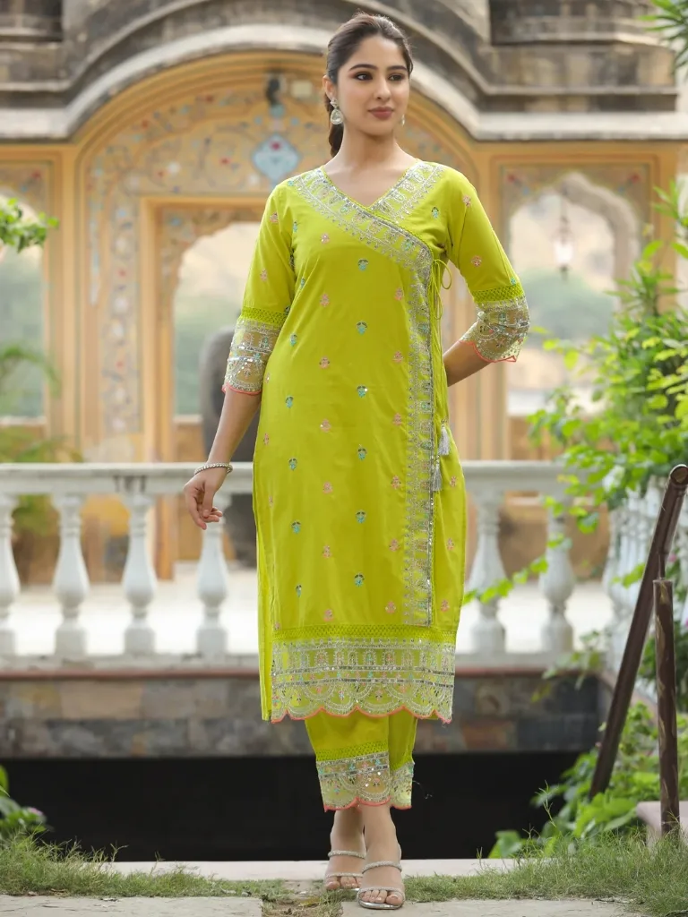 Chanderi Cotton Embroidery Kurta Set - Default