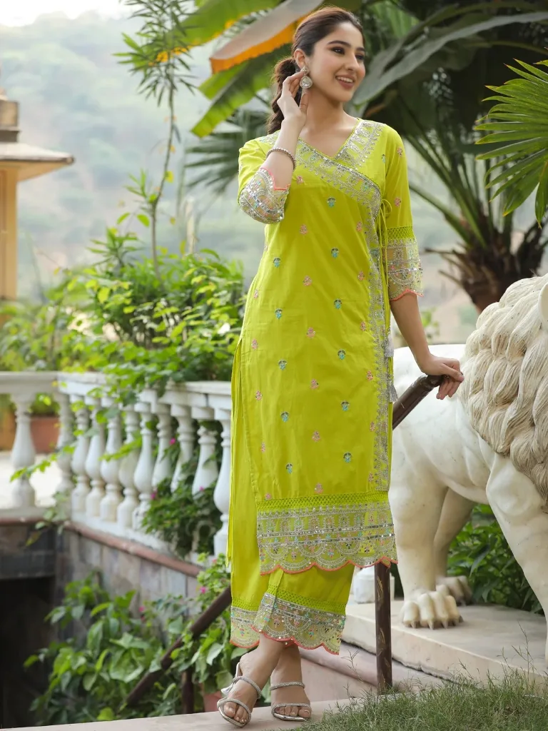 Chanderi Cotton Embroidery Kurta Set - Default