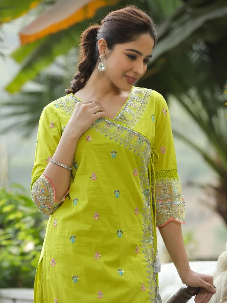 Chanderi Cotton Embroidery Kurta Set - Default