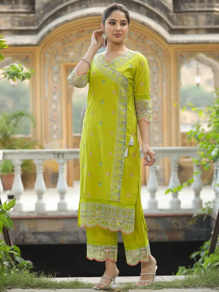 Chanderi Cotton Embroidery Kurta Set - Default