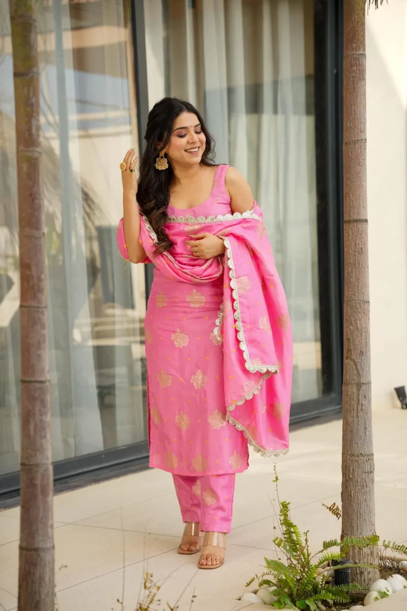 Chanderi Embroidery Kurta Set With Dupatta - Default