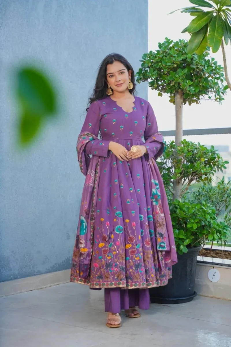 (muslin) Print Kurta Set With Dupatta - Lovender