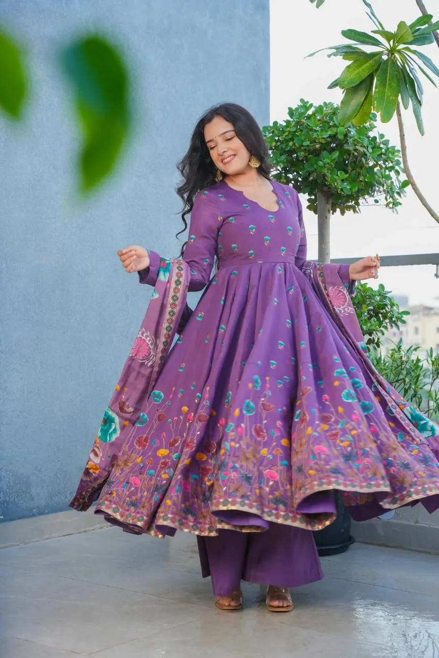 (muslin) Print Kurta Set With Dupatta - Lovender