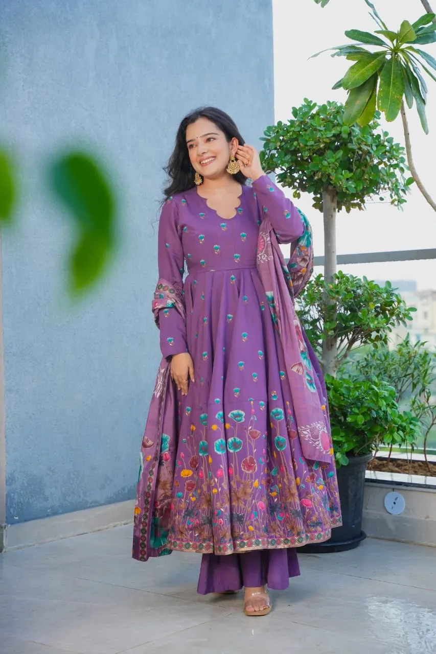 (muslin) Print Kurta Set With Dupatta - Lovender