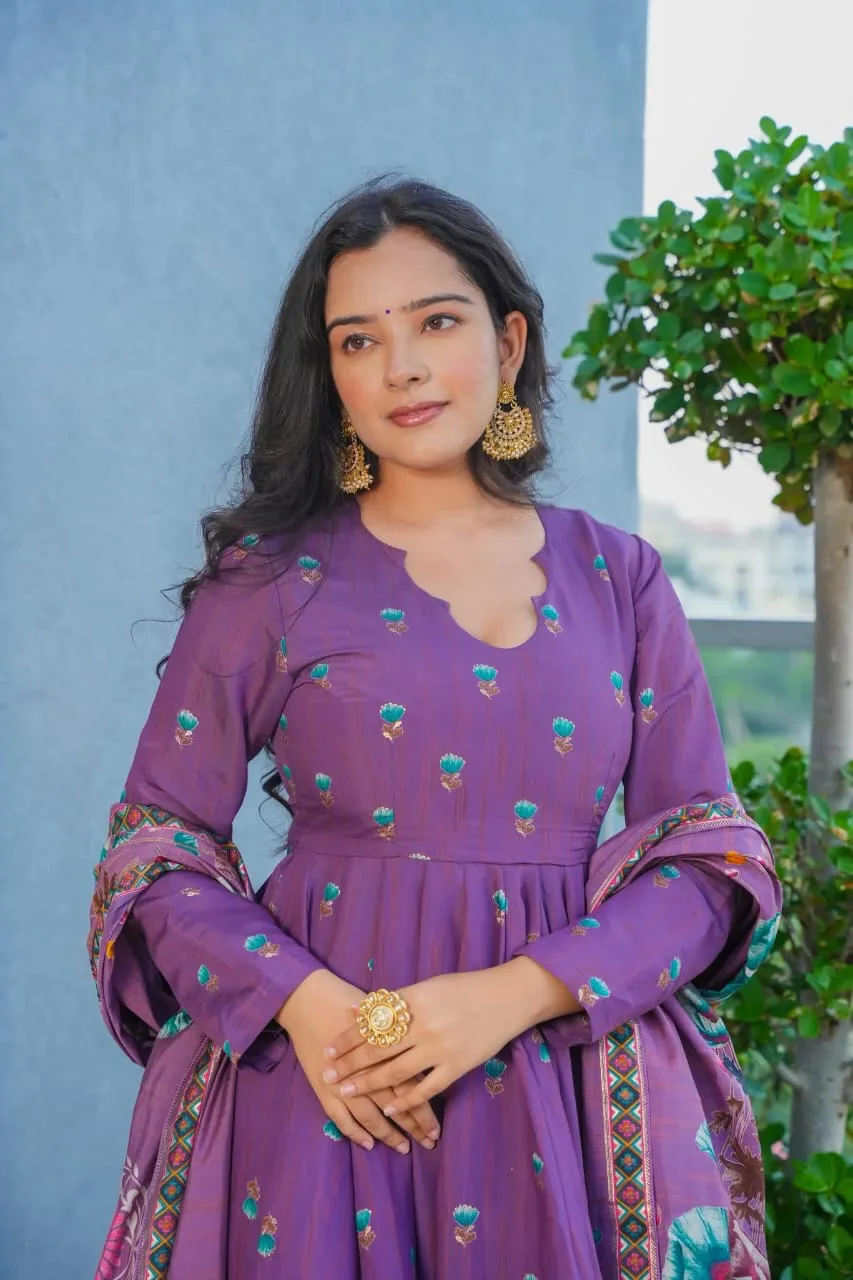 (muslin) Print Kurta Set With Dupatta - Lovender