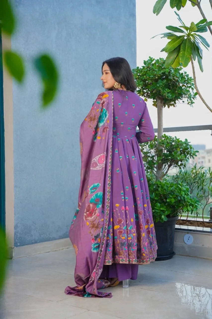 (muslin) Print Kurta Set With Dupatta - Lovender