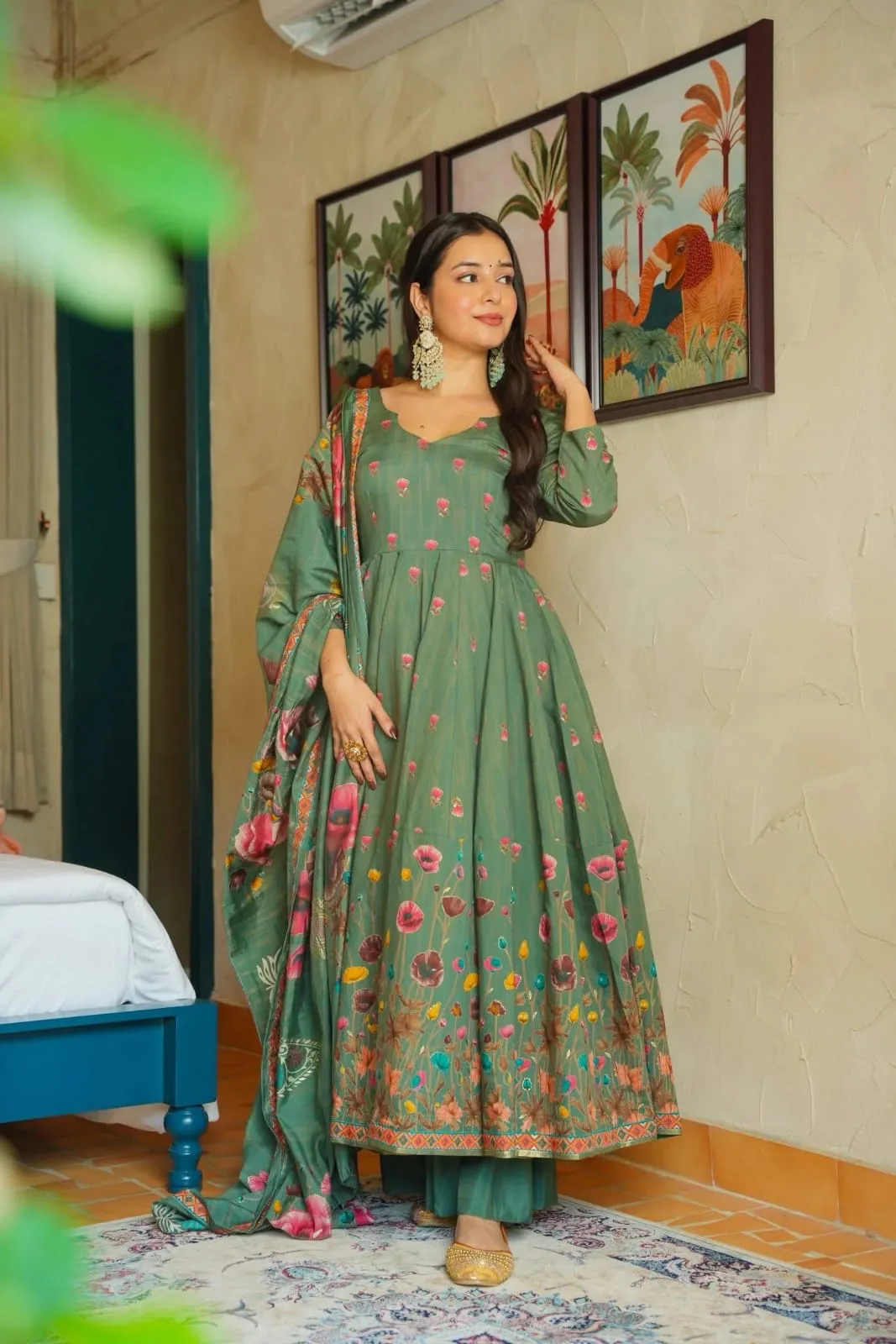 (muslin) Print Kurta Set With Dupatta - Pista