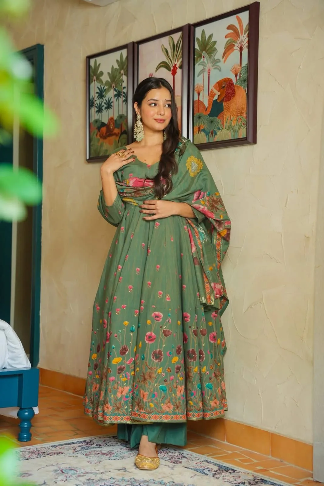 (muslin) Print Kurta Set With Dupatta - Pista