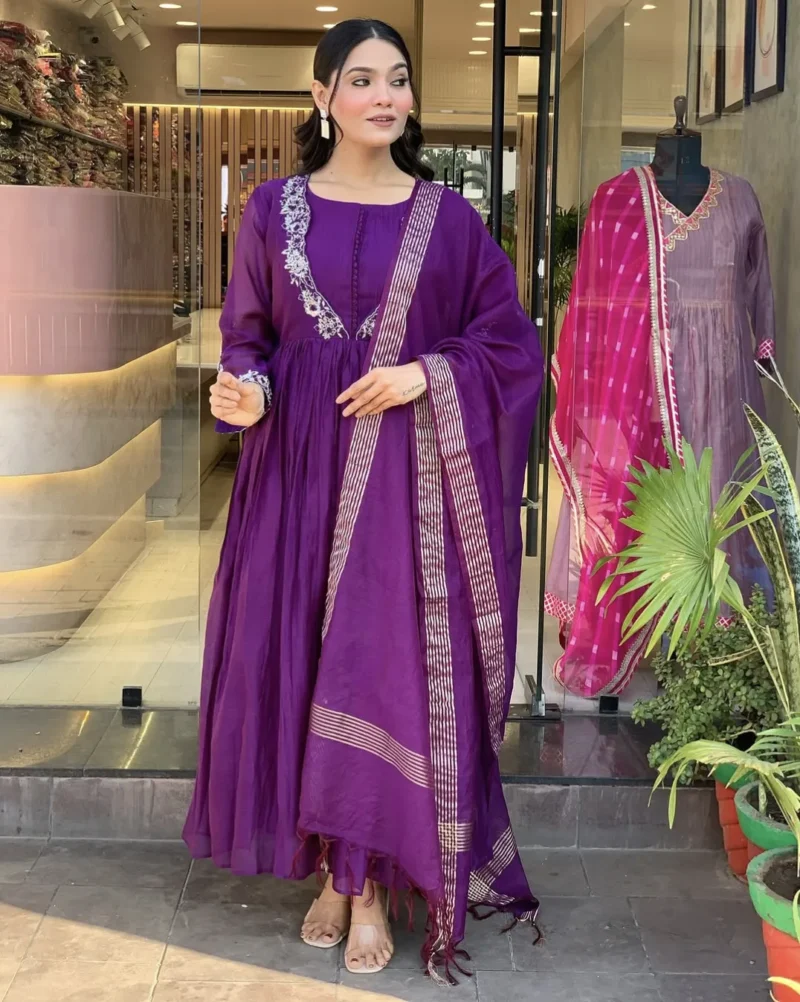 D Chinon Embroidered Kurta Set With Dupatta - Default