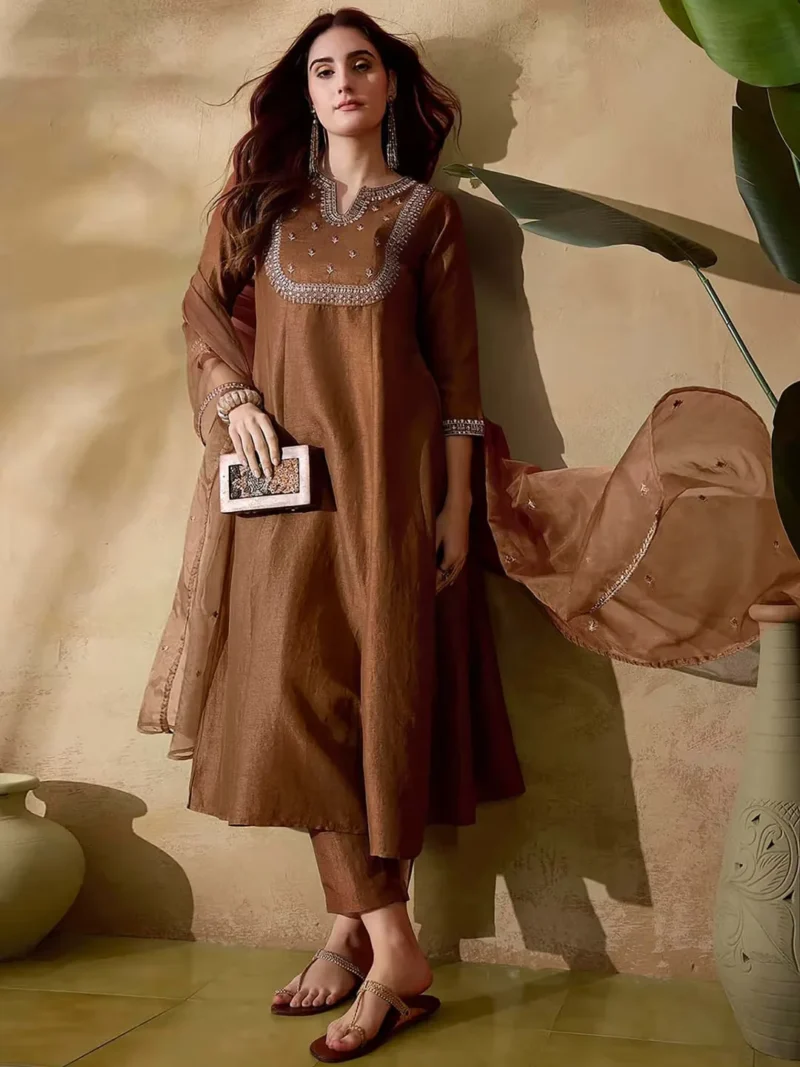 Vichitra Silk Embroidered With Flared Kurta Set With Dupatta - Default
