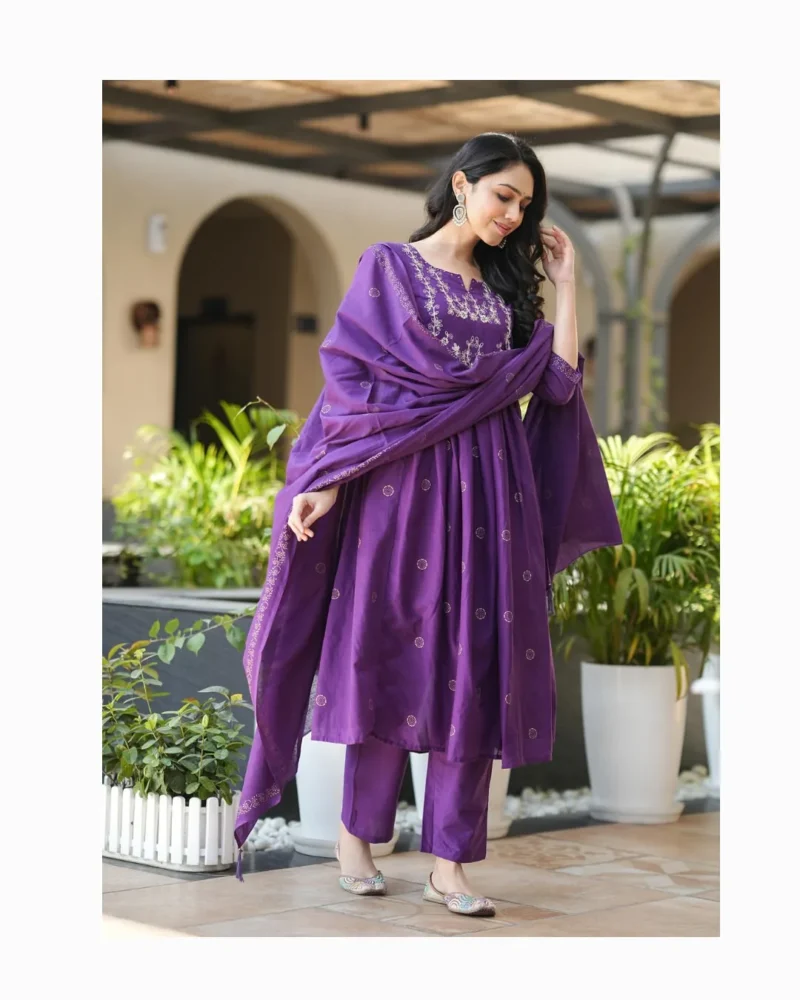 Rayon Slub Flared And Embroidered With Hand Printed Kurta Set With Dupatta - Default