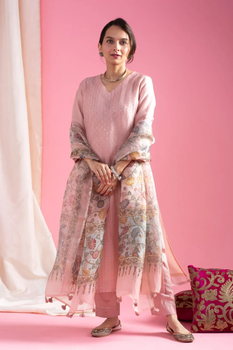 Viscose Chanderi Embroidered Kurta Set With Dupatta - Default