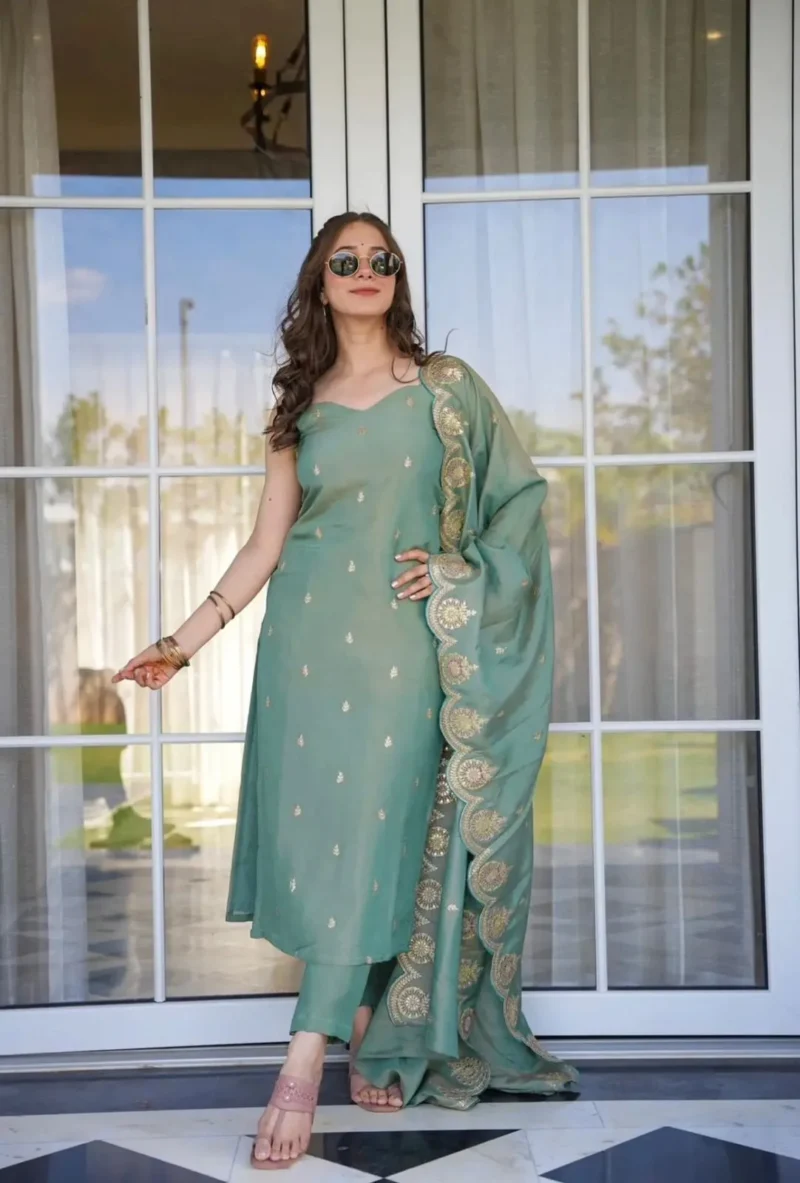 Viscose Jari Chanderi Embroidered Kurta Set With Dupatta - Default