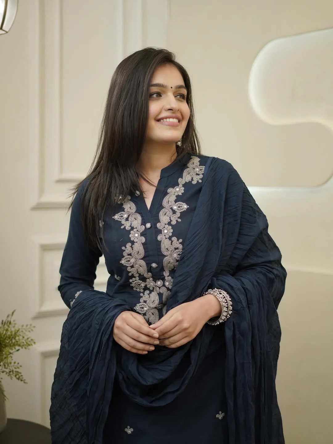 Rayon Slub Embroidery Coding With Show Button Kurta Set With Dupatta - Neavy Blue