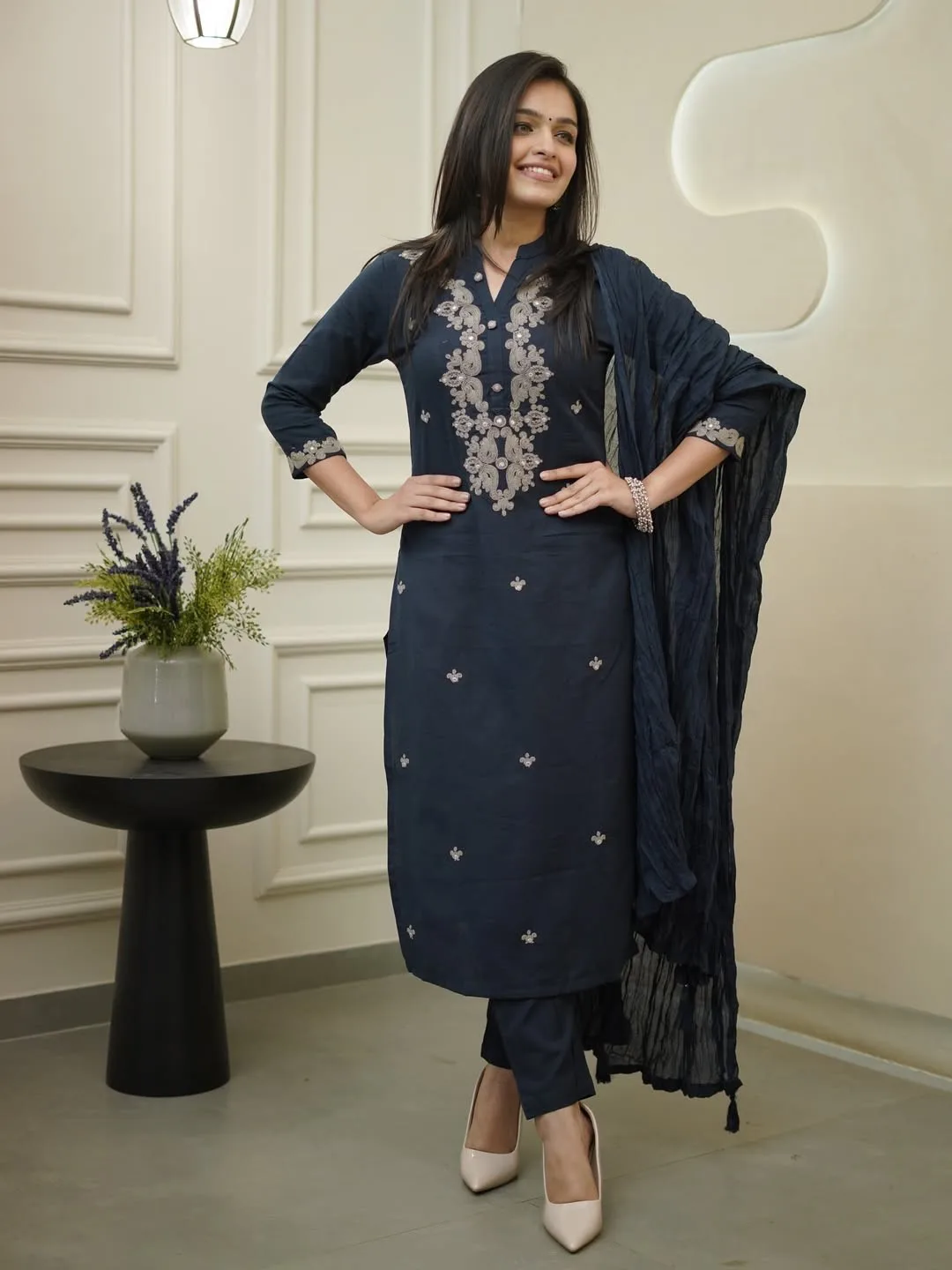 Rayon Slub Embroidery Coding With Show Button Kurta Set With Dupatta - Neavy Blue