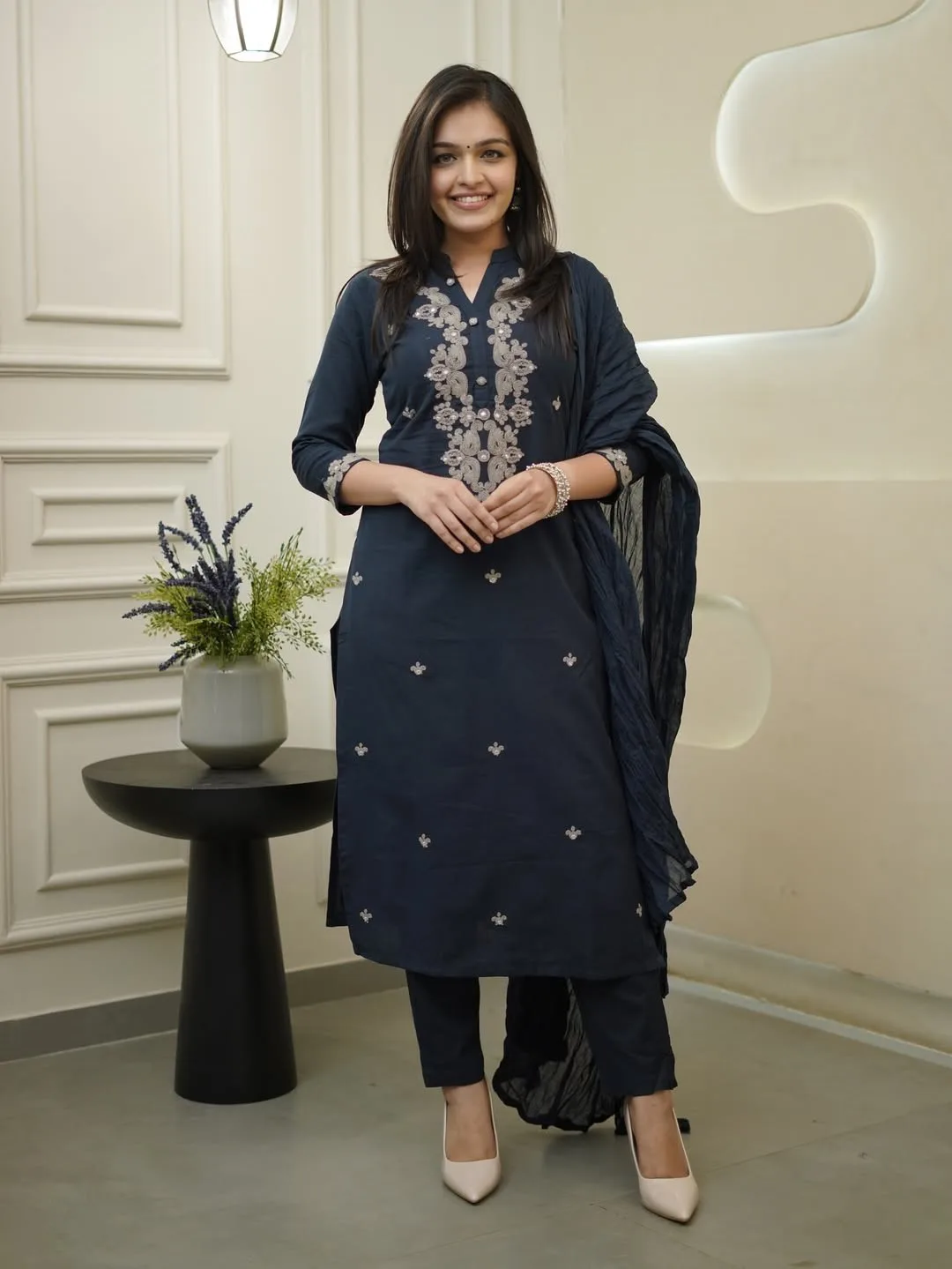 Rayon Slub Embroidery Coding With Show Button Kurta Set With Dupatta - Neavy Blue