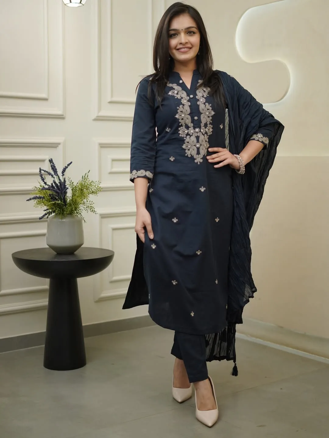 Rayon Slub Embroidery Coding With Show Button Kurta Set With Dupatta - Neavy Blue