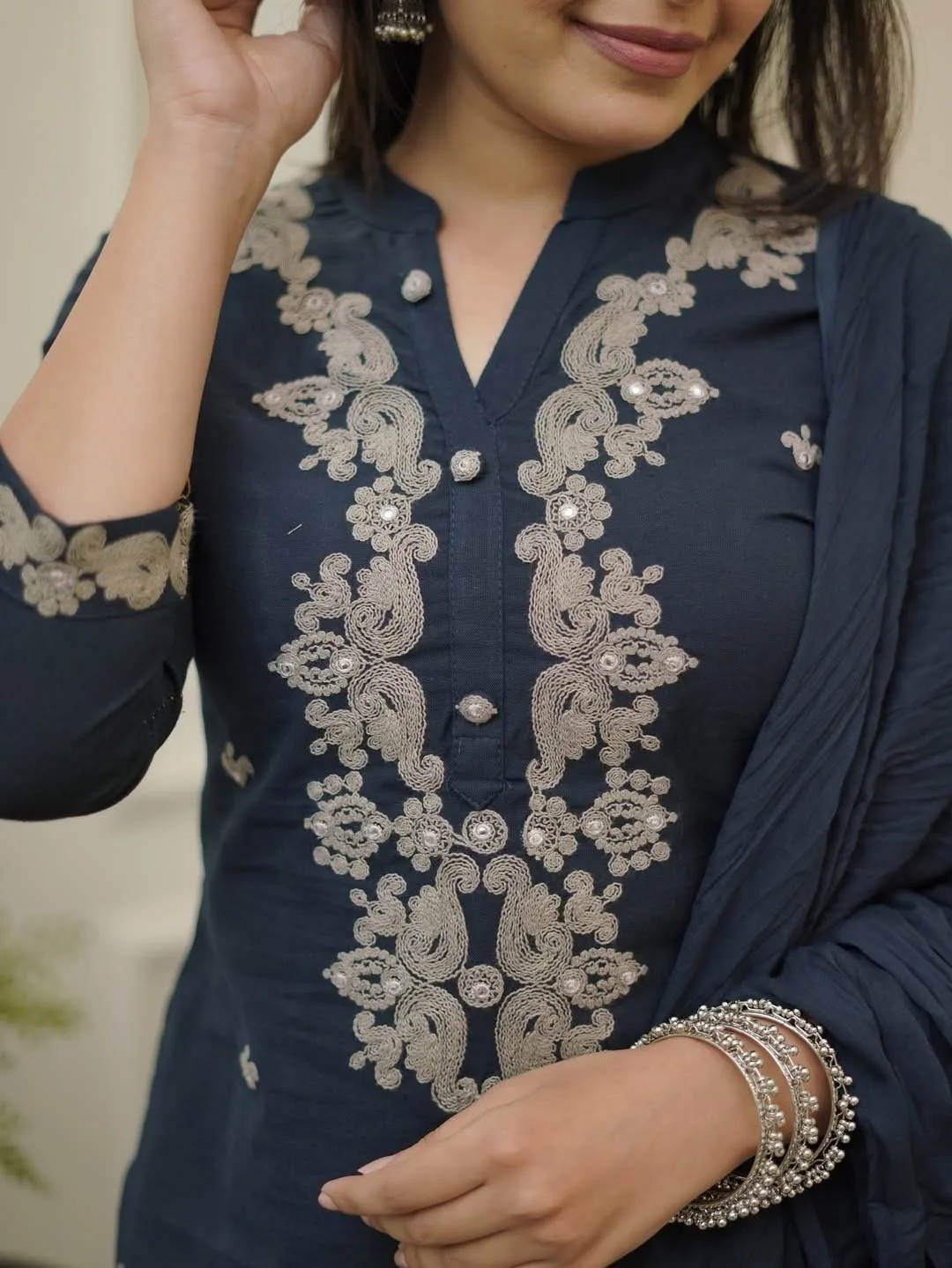Rayon Slub Embroidery Coding With Show Button Kurta Set With Dupatta - Neavy Blue