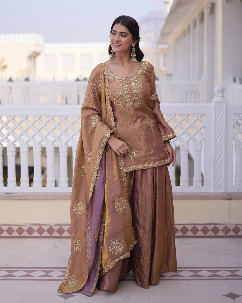 Cp Vichitra Embroidery Kurta Set With Dupatta - Onion