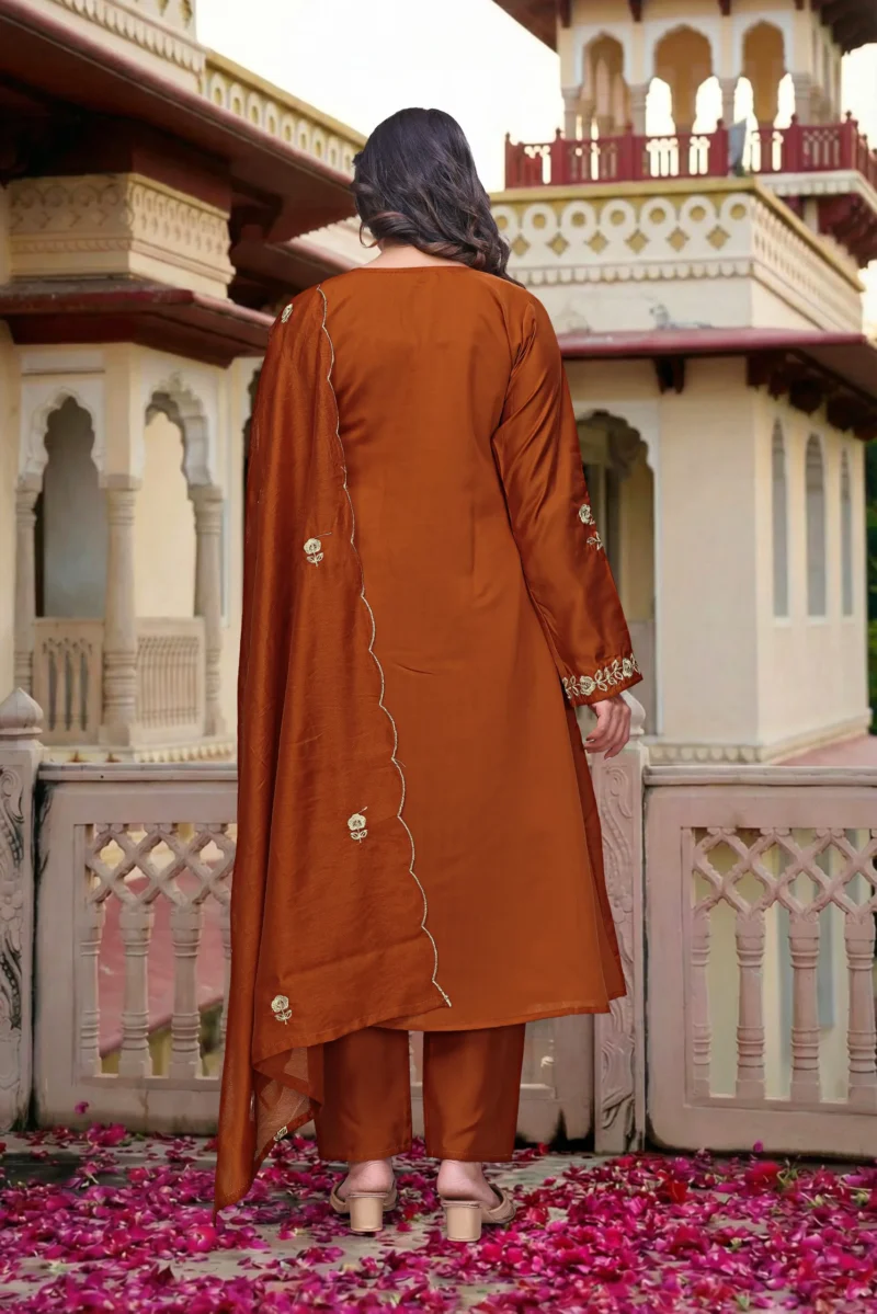Chanderi Silk Embroidered Kurta Set With Dupatta - Orange