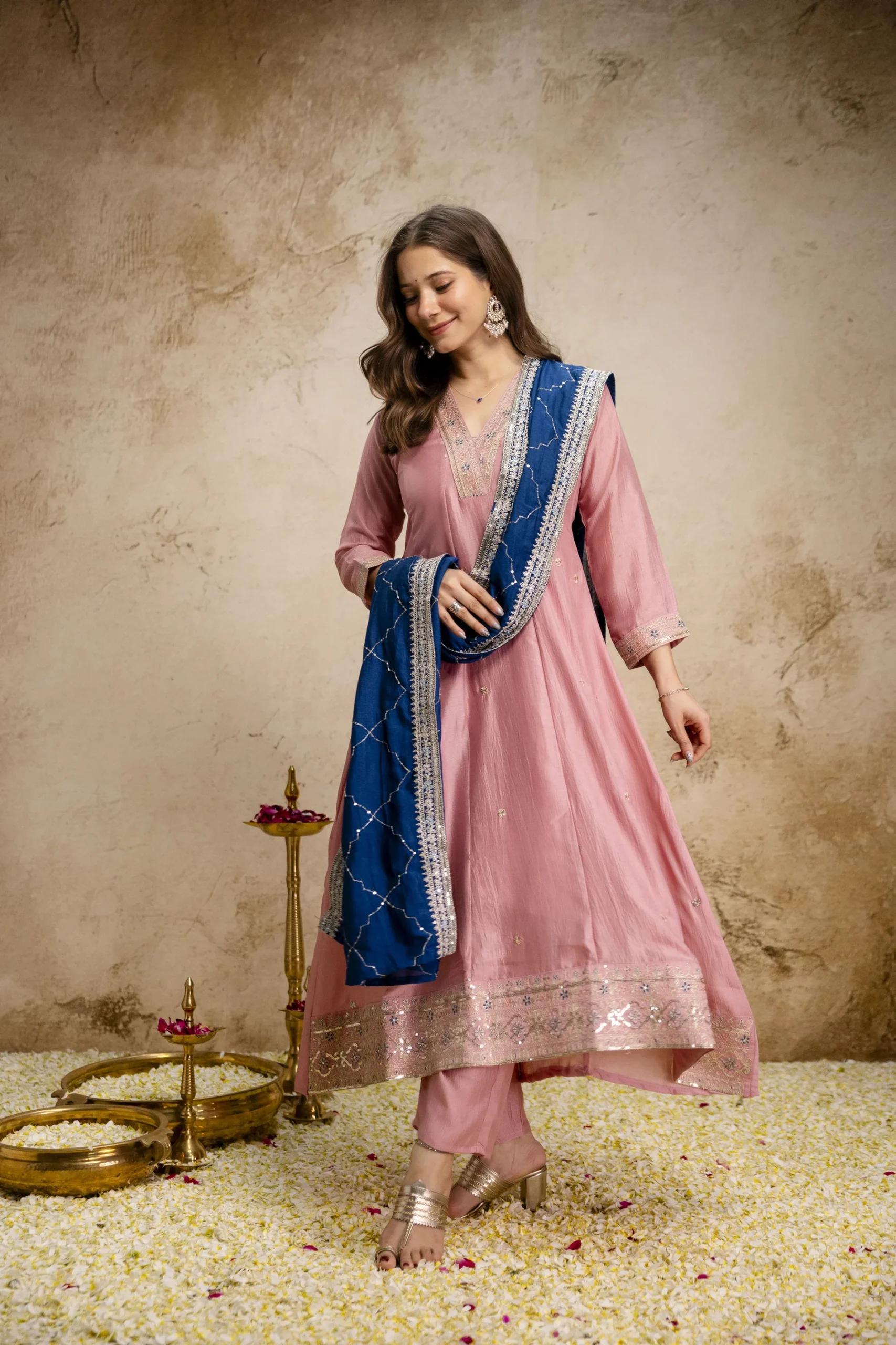 Vichitra Silk Embroidery Kurta Set With Dupatta - Pink