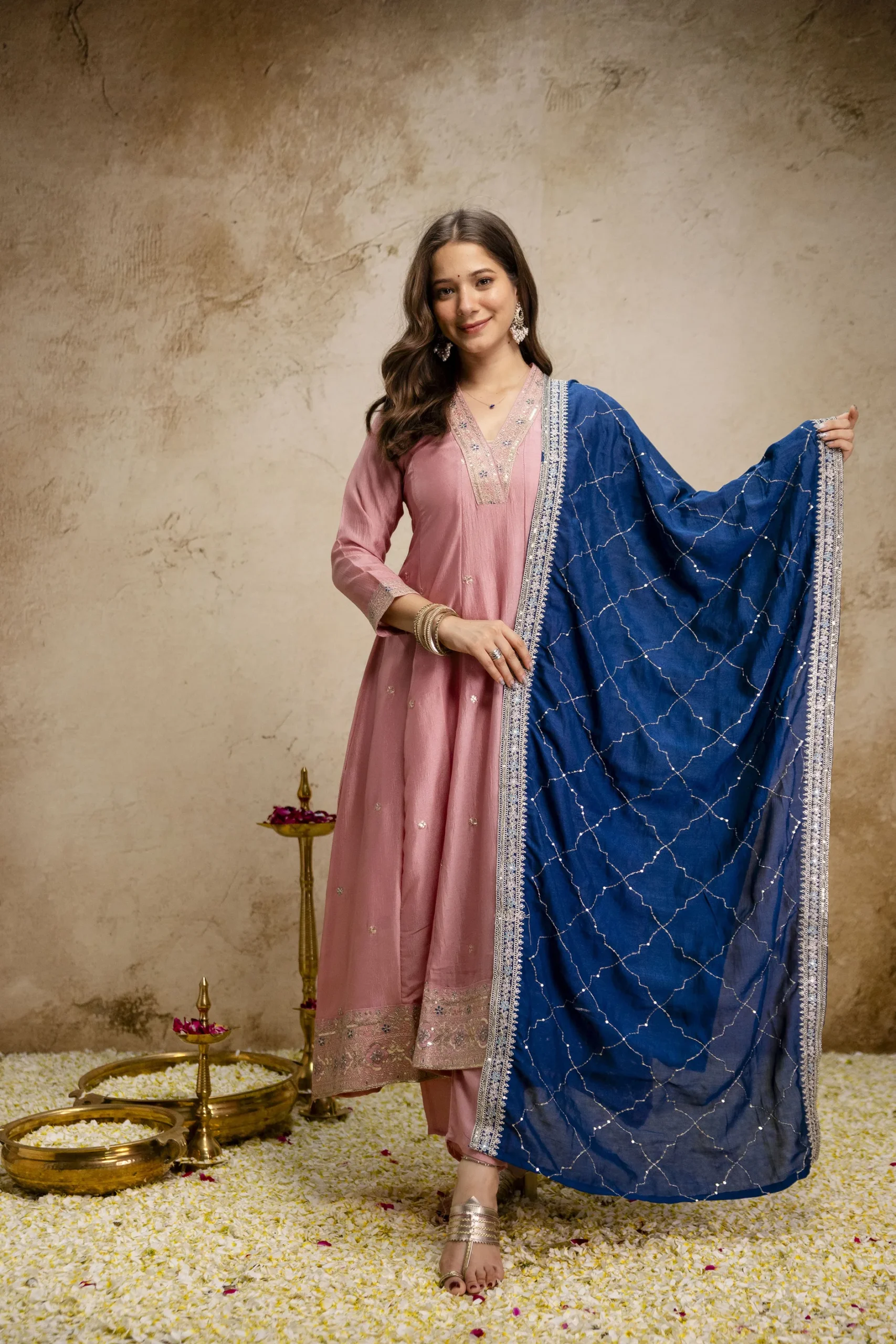 Vichitra Silk Embroidery Kurta Set With Dupatta - Pink