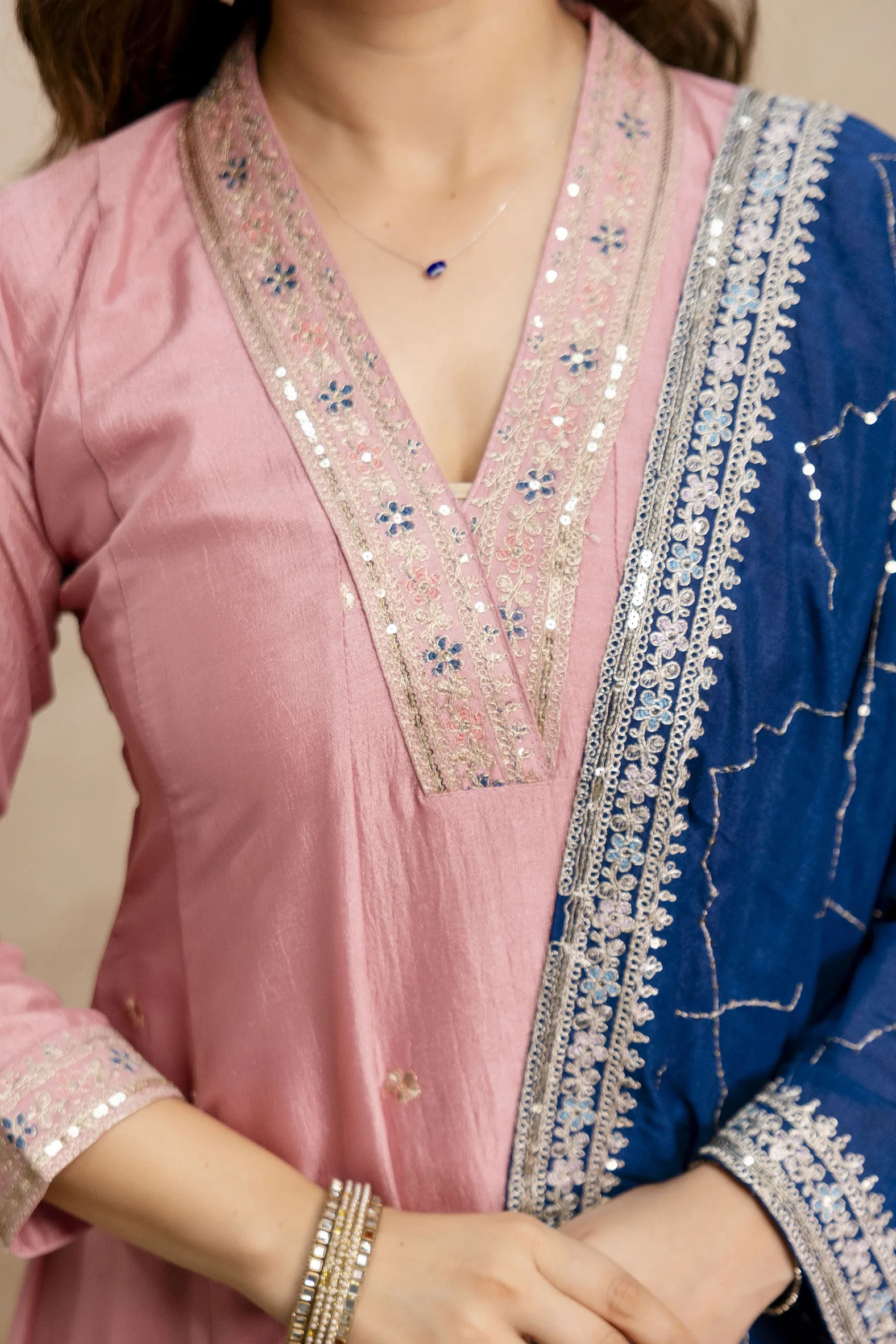 Vichitra Silk Embroidery Kurta Set With Dupatta - Pink