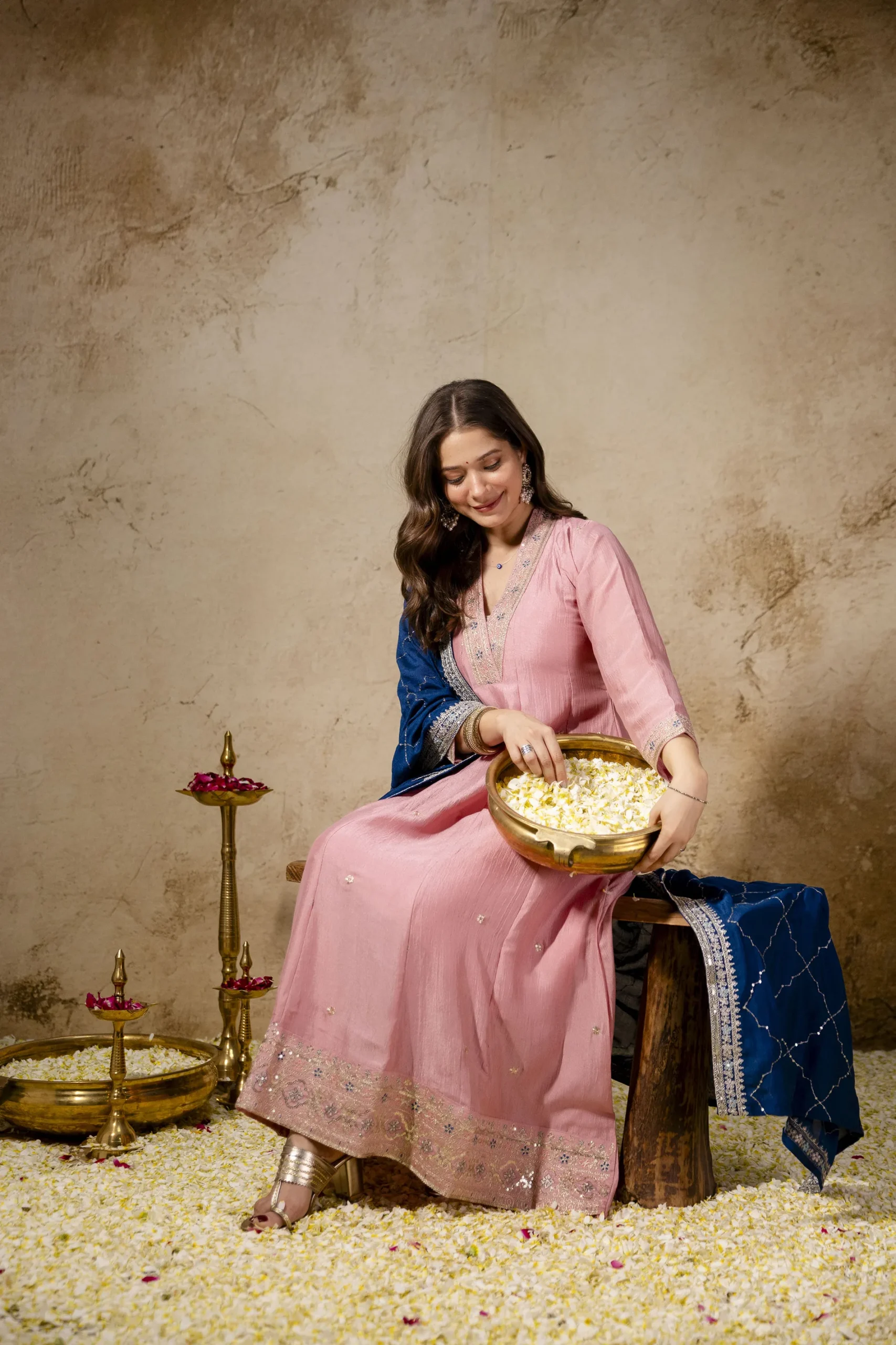 Vichitra Silk Embroidery Kurta Set With Dupatta - Pink