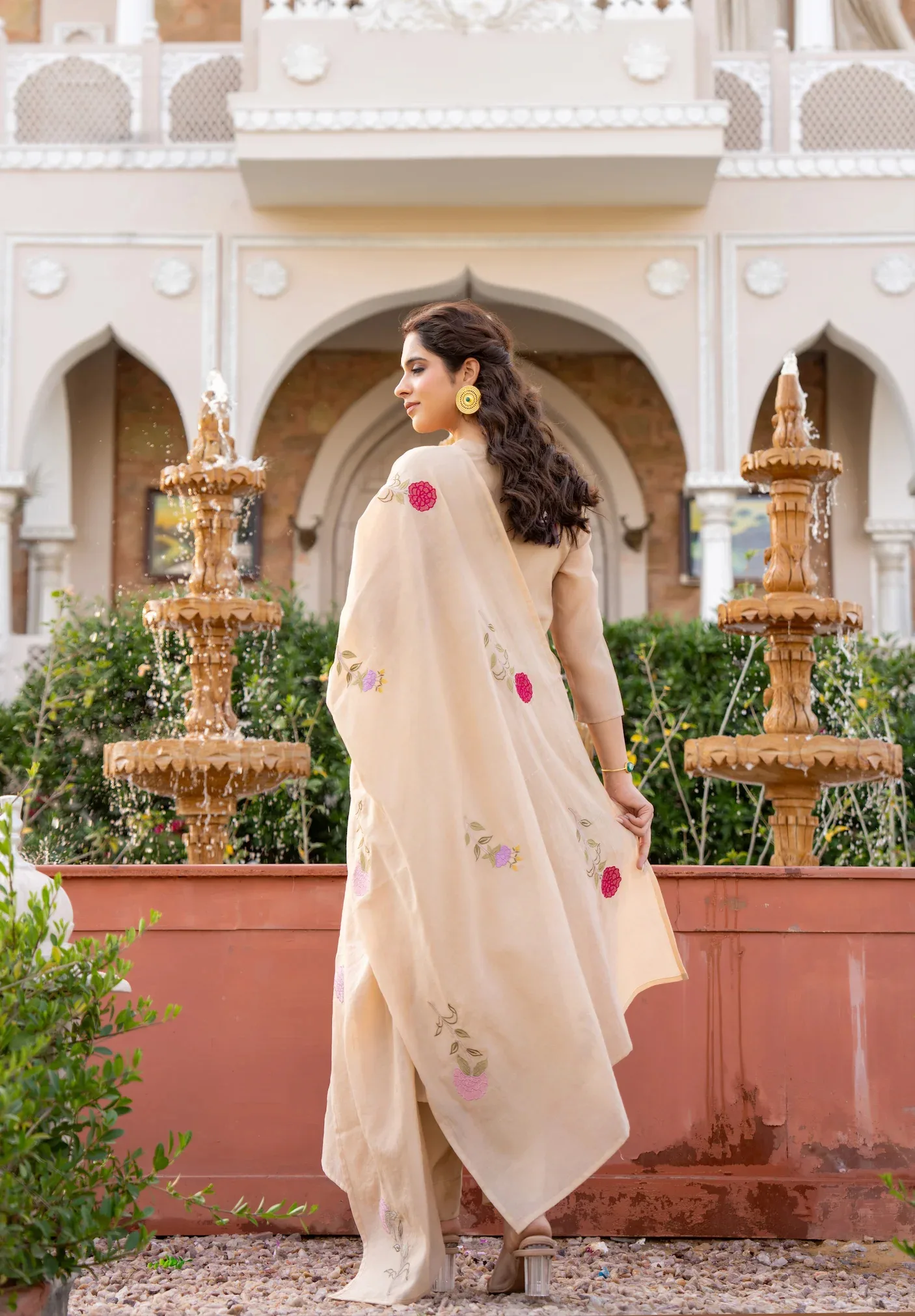 Chanderi Print Kurta Set With Dupatta - Cream