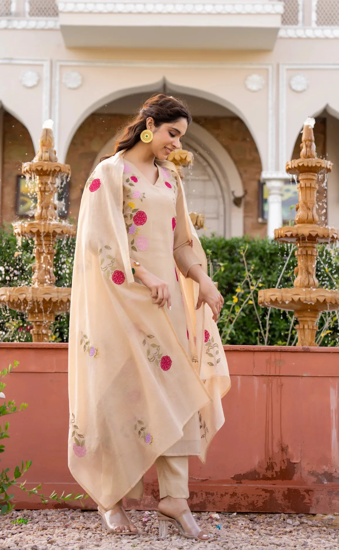 Chanderi Print Kurta Set With Dupatta - Cream