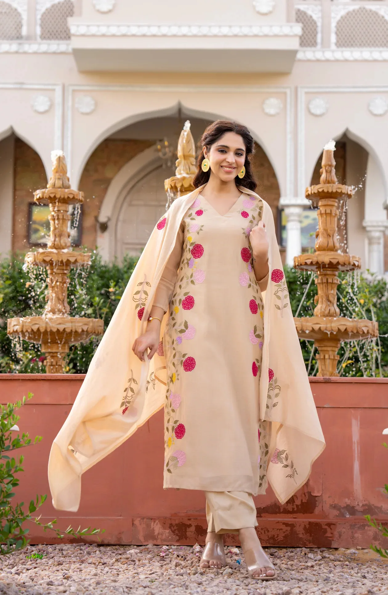 Chanderi Print Kurta Set With Dupatta - Cream