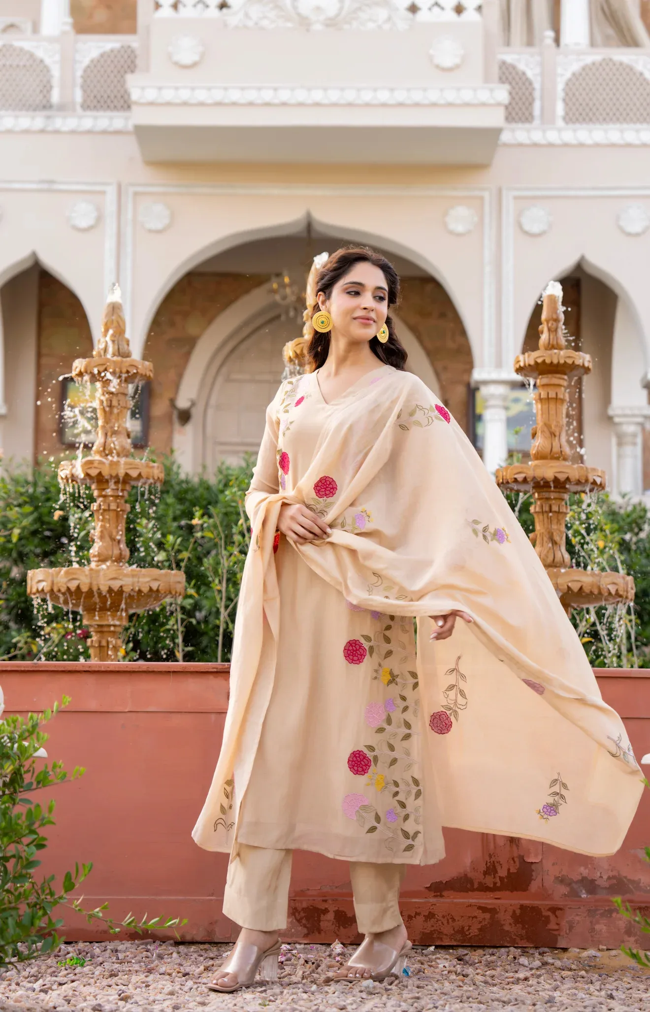 Chanderi Print Kurta Set With Dupatta - Cream