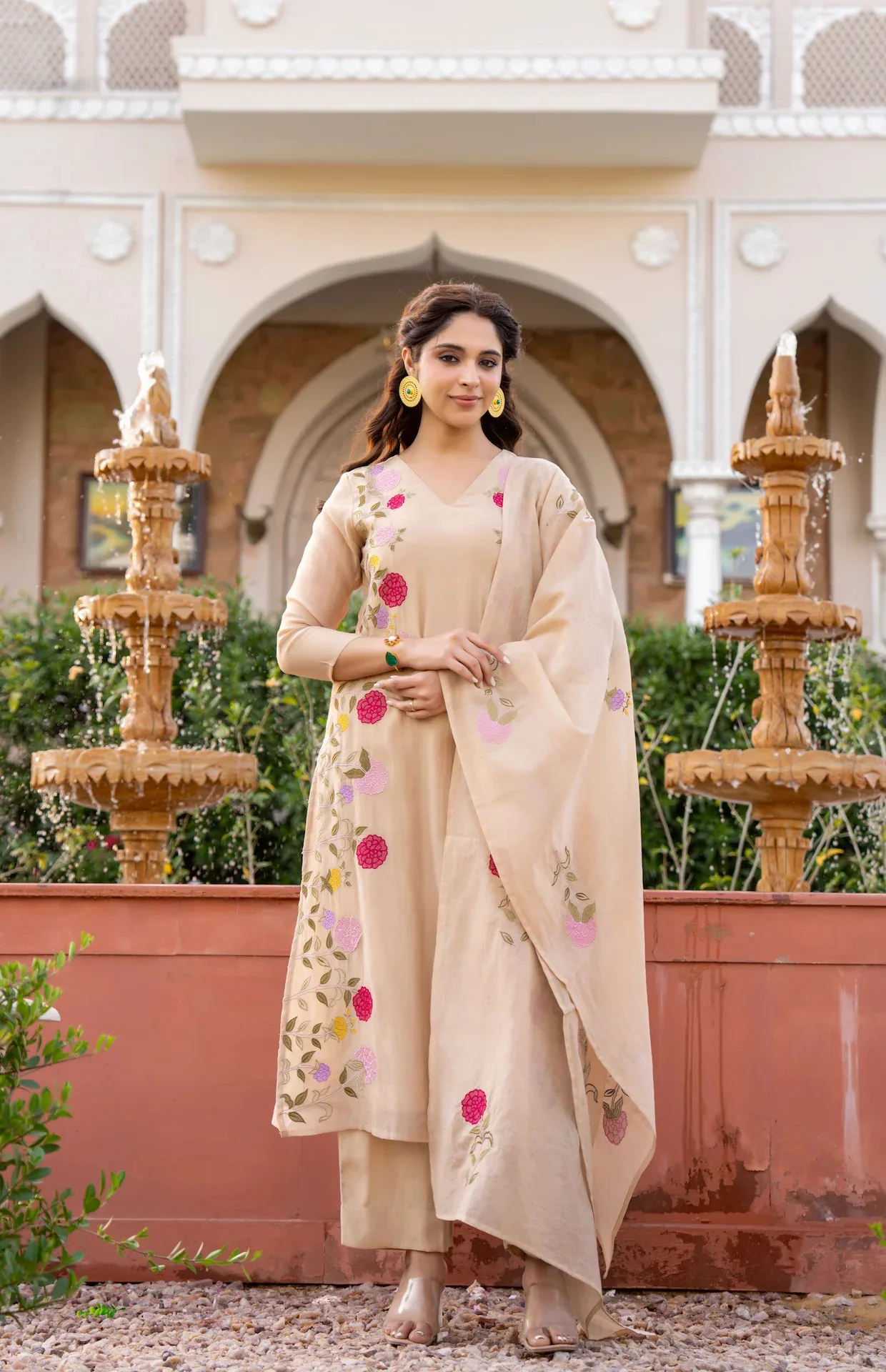 Chanderi Print Kurta Set With Dupatta - Cream