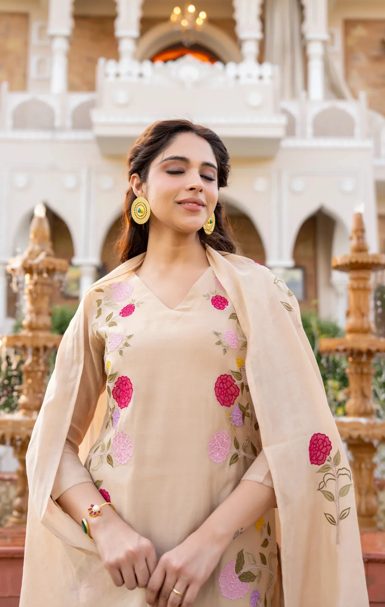 Chanderi Print Kurta Set With Dupatta - Cream