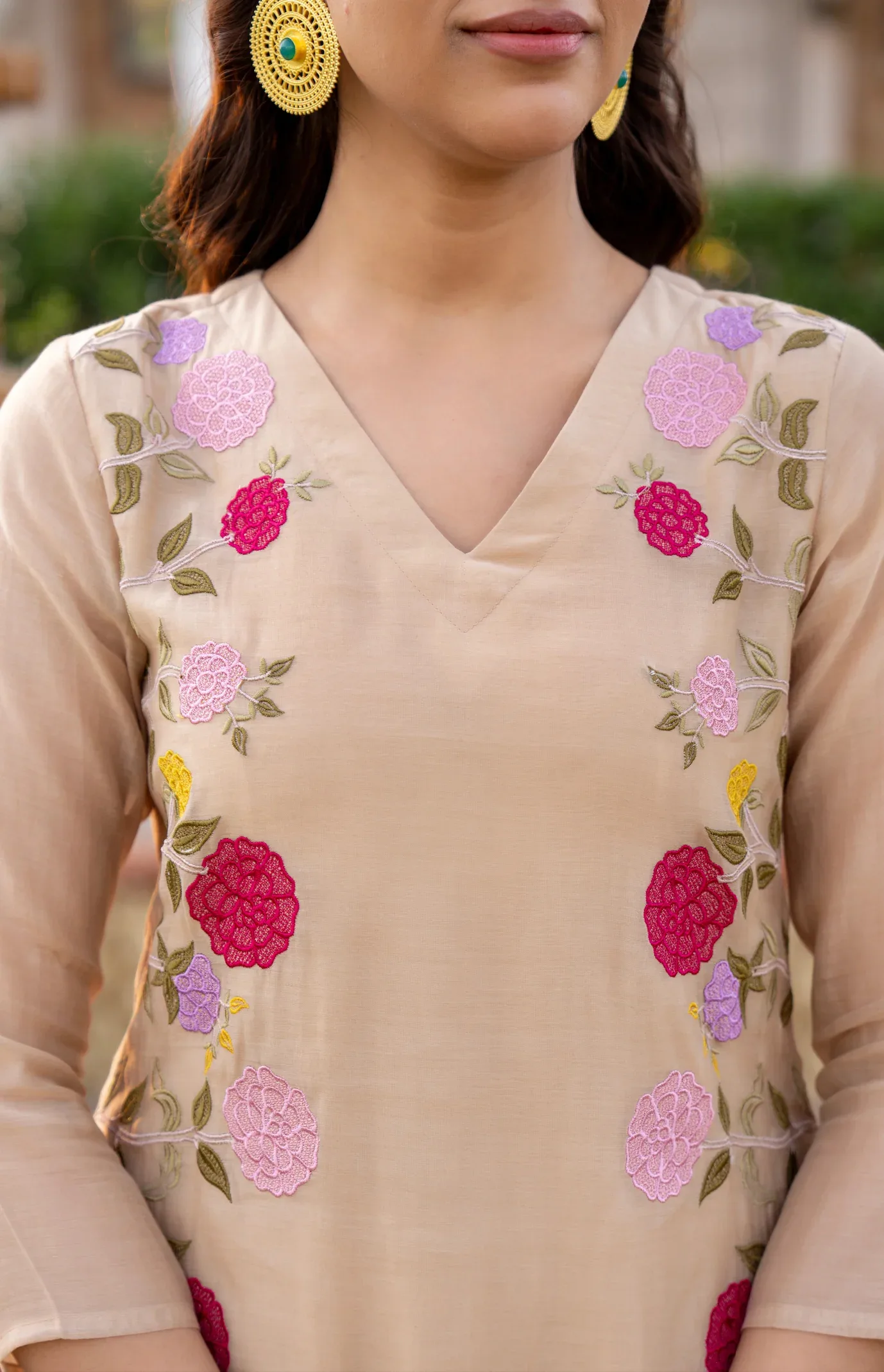 Chanderi Print Kurta Set With Dupatta - Cream