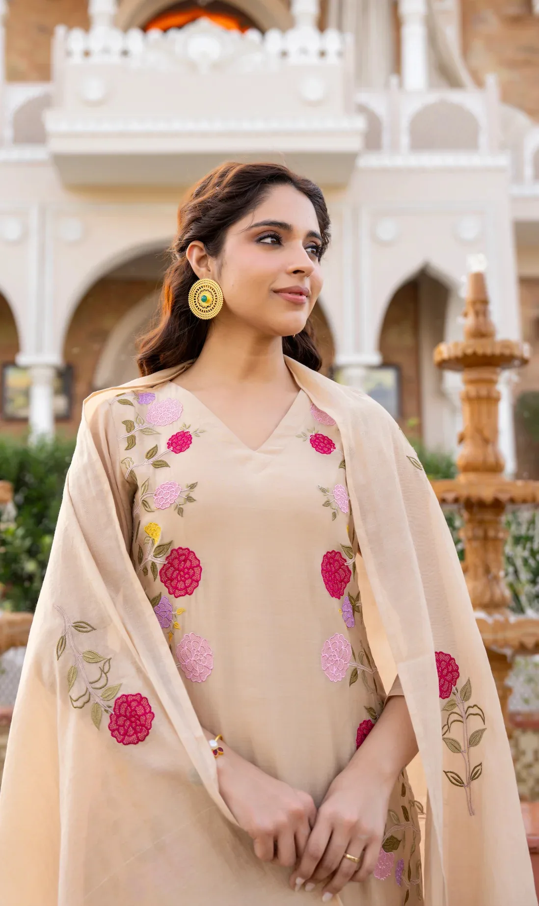 Chanderi Print Kurta Set With Dupatta - Cream