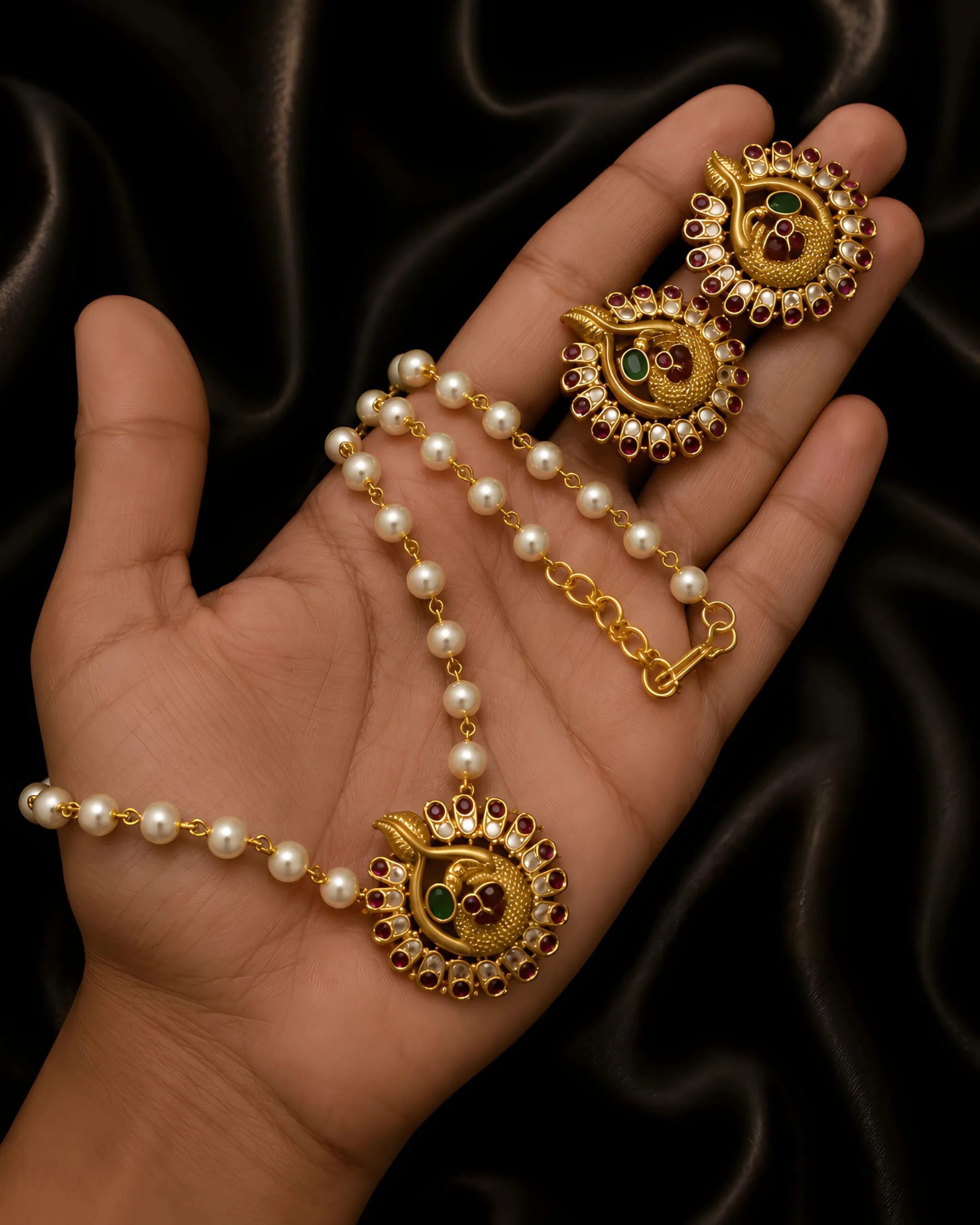 Traditional Peacock Pearl Pendant Necklace Set for Women