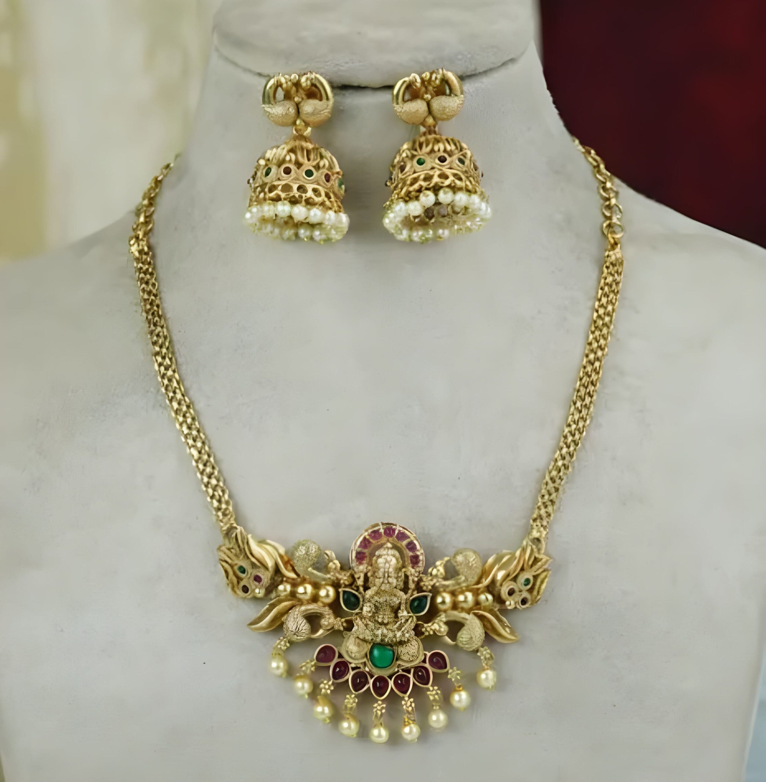 Traditional Lakshmi Temple Necklace Set with Jhumka Earrings - Image 2
