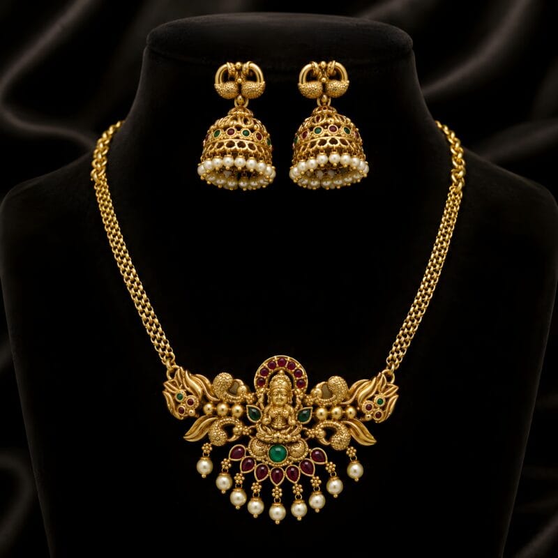 Traditional Lakshmi Temple Necklace Set with Jhumka Earrings