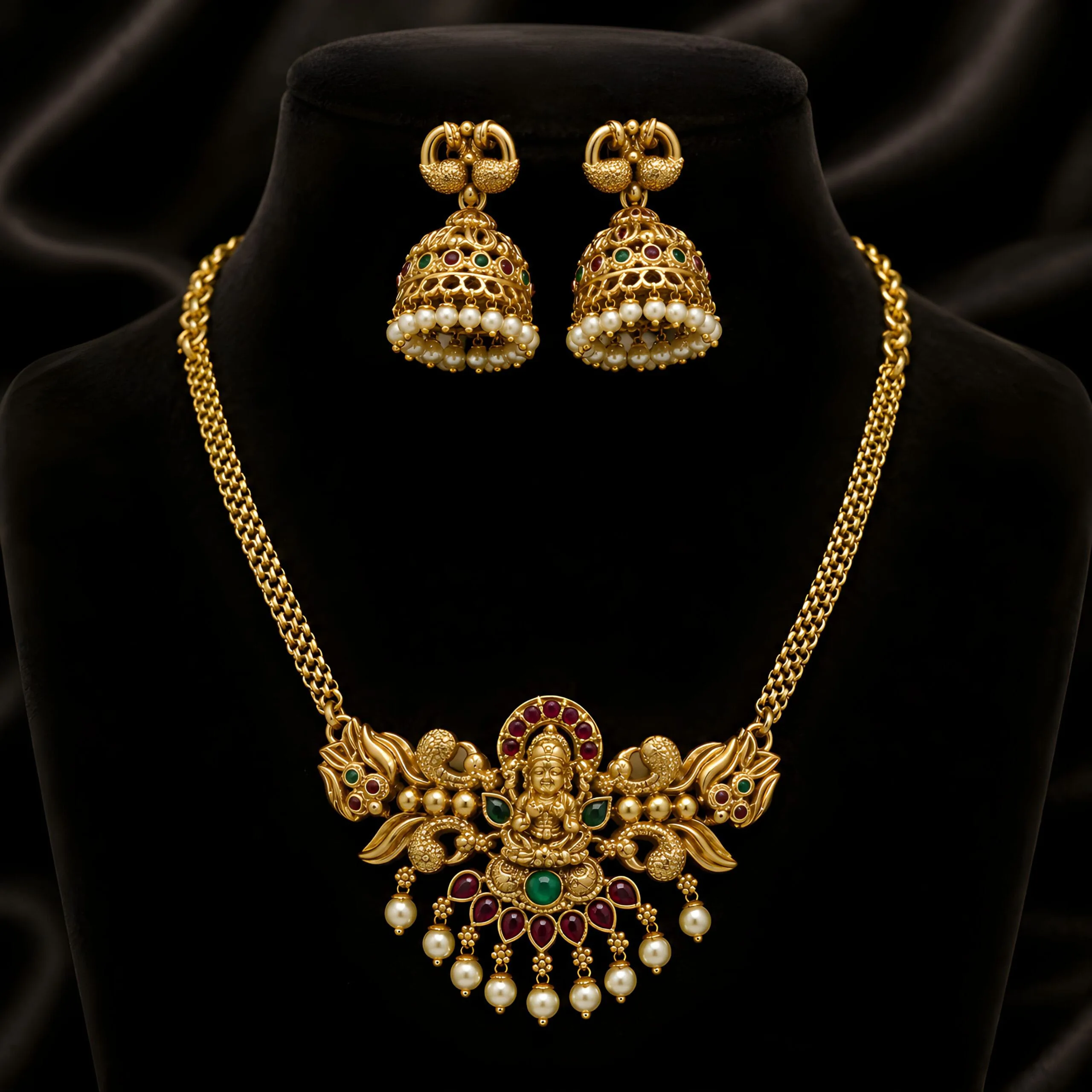 Traditional Lakshmi Temple Necklace Set with Jhumka Earrings