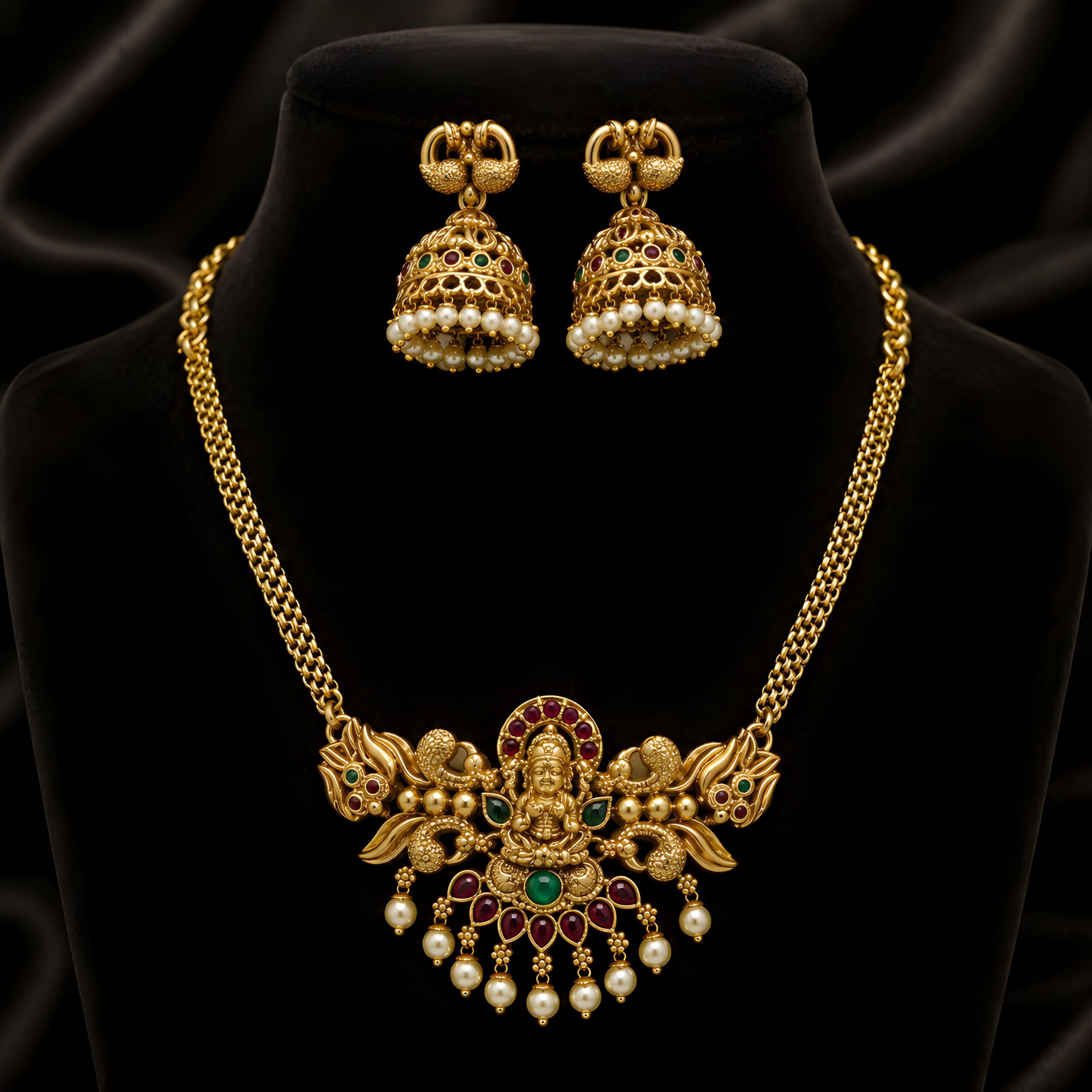 Traditional Lakshmi Temple Necklace Set with Jhumka Earrings