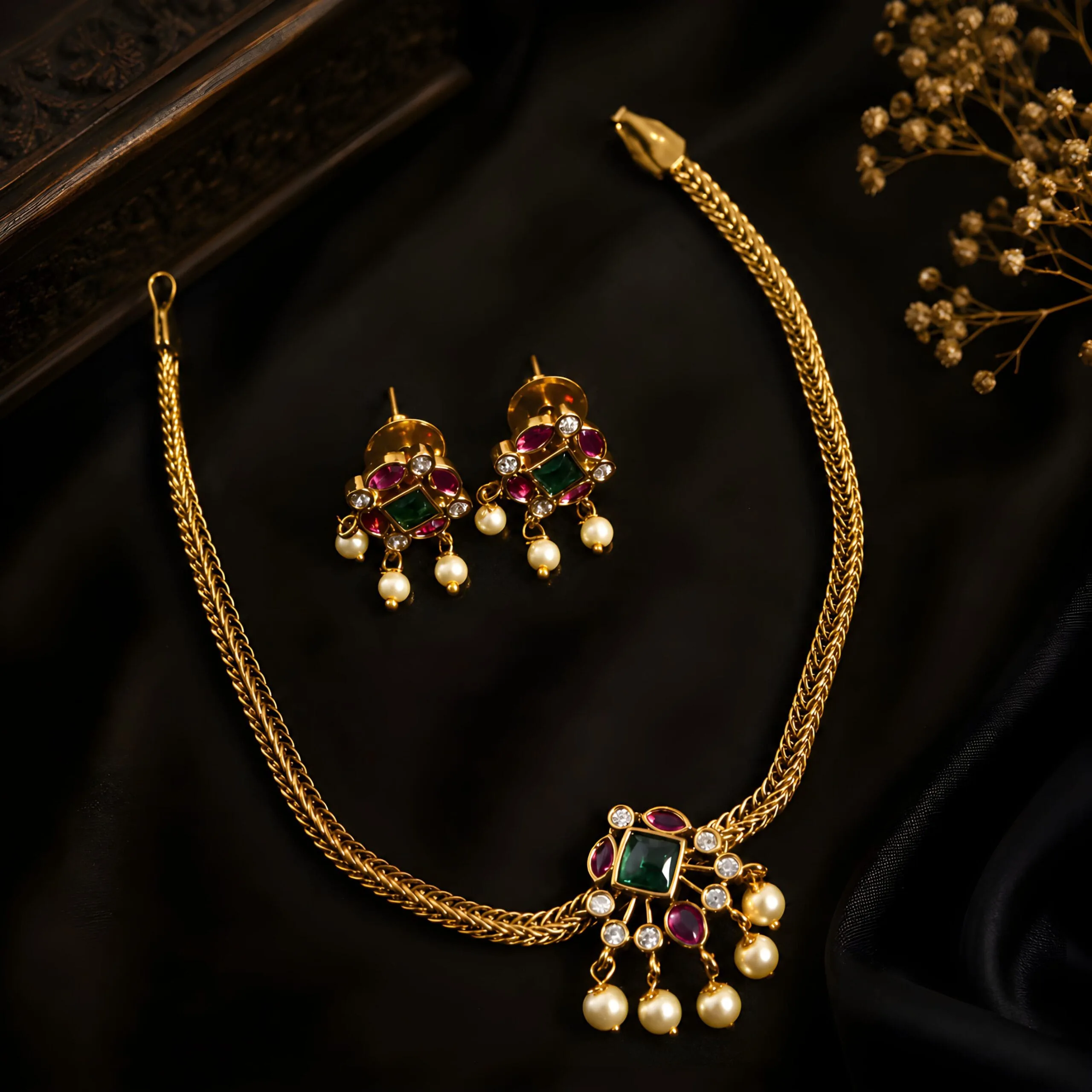 Traditional Stone Pendant Necklace Set with Pearl Drops