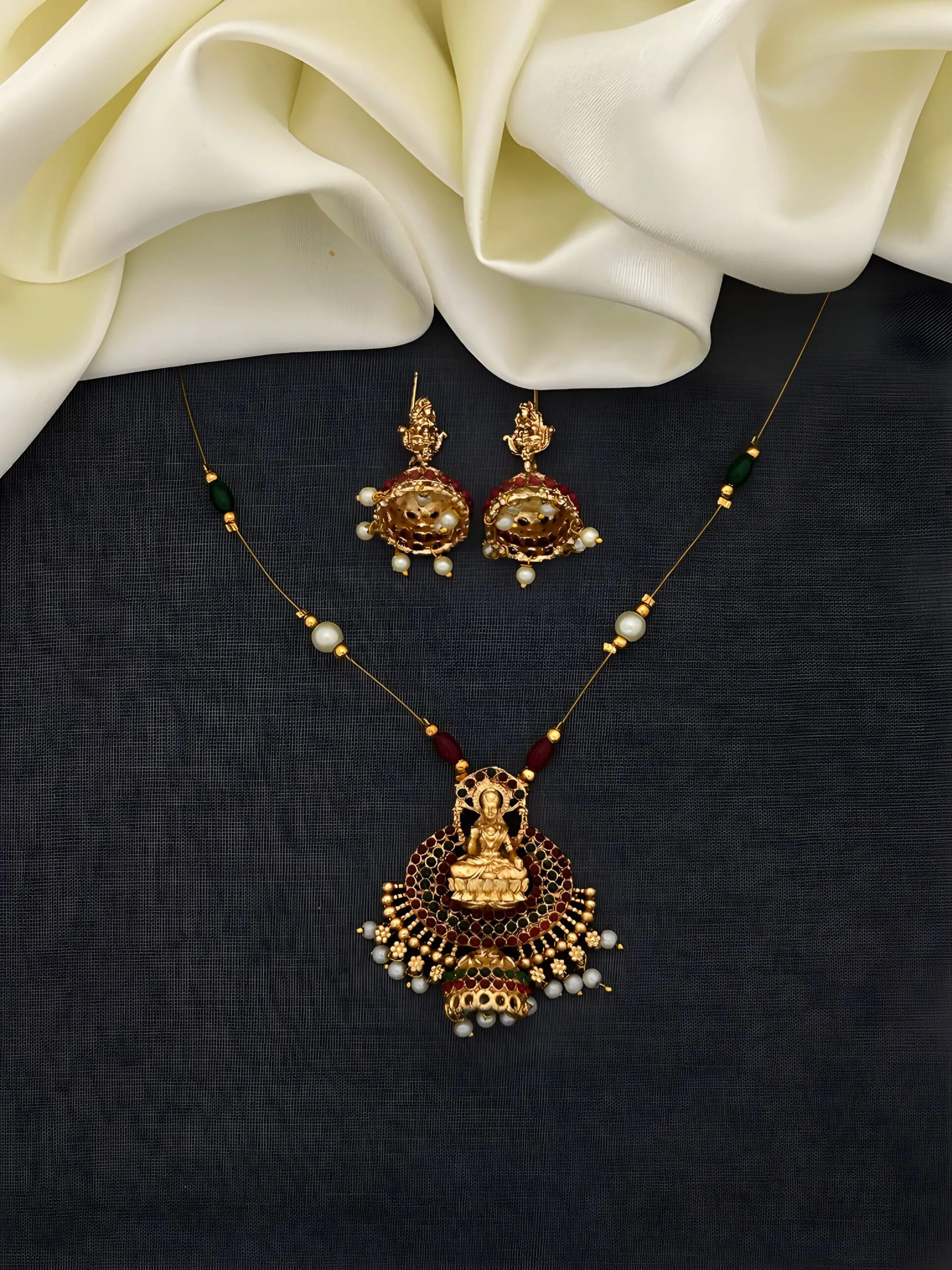 Traditional Lakshmi Long Pendant Necklace Set with Jhumka Earrings