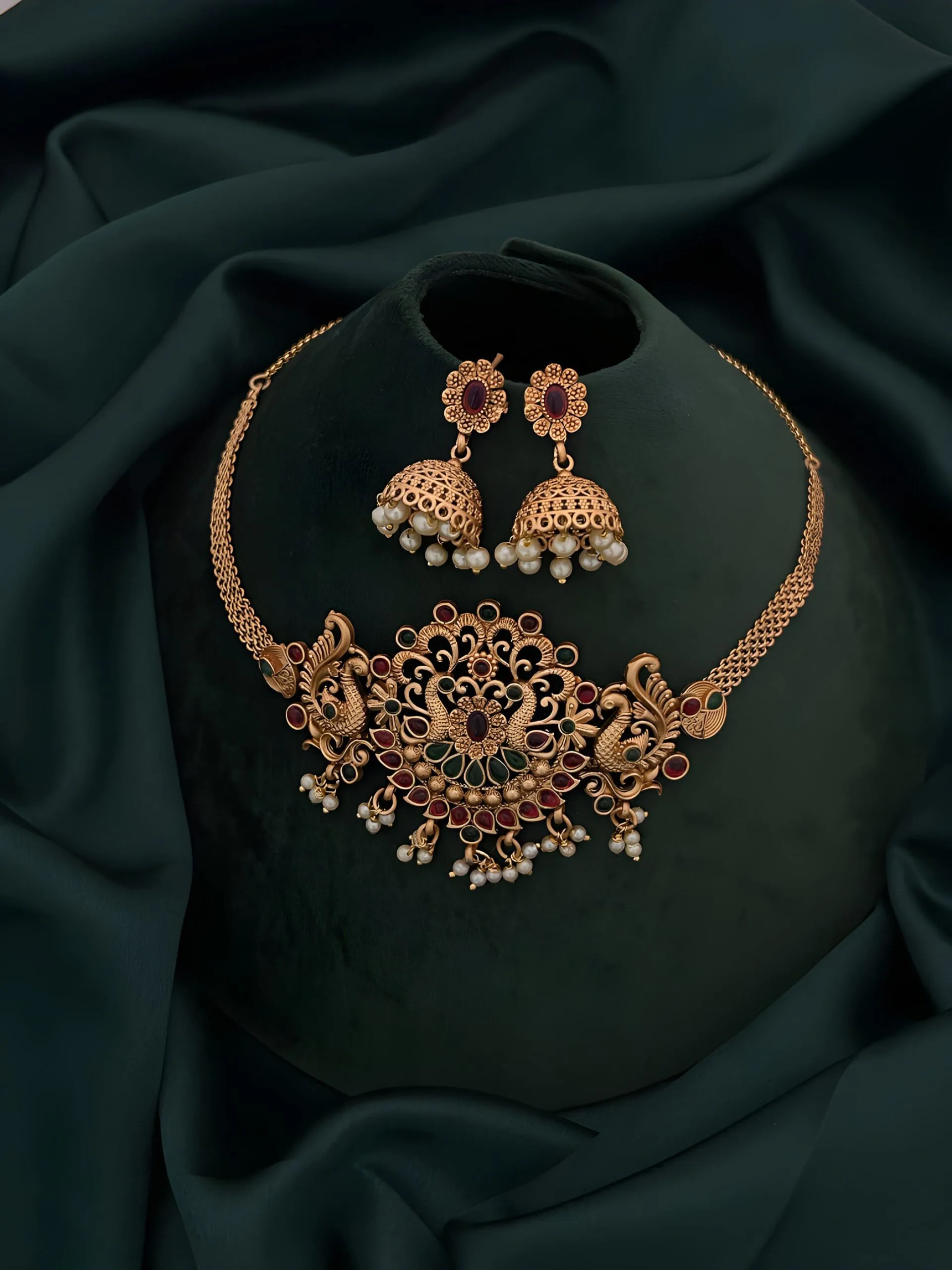 Antique Peacock Design Necklace Set with Pearl Jhumka Earrings